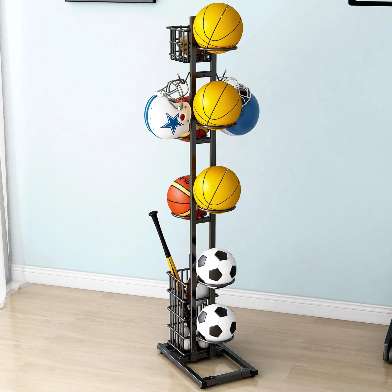 NUODWELL Estante de almacenamiento de pelotas, organizador deportivo con cesta y ganchos, estante de baloncesto de metal, para garaje y hogar