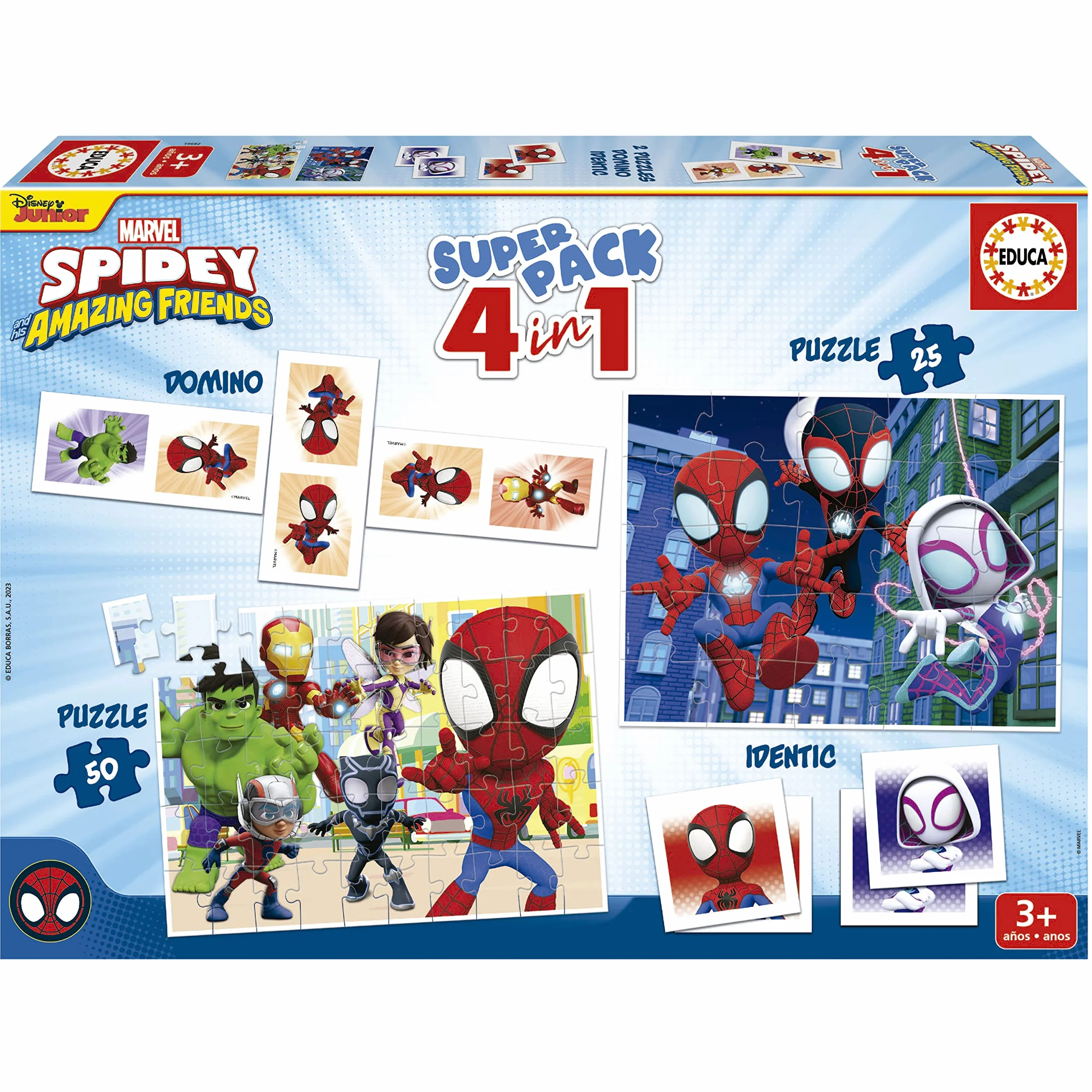 Educa - Superpack Spidey y Sus Increíbles Amigos 4 en 1 | Puzzles, Dominó, Memory | 2 Puzzles 25 y 50 Piezas, Dominó 28 fichas, Identic 28 Cartas | Juego niños 3 años (19682)