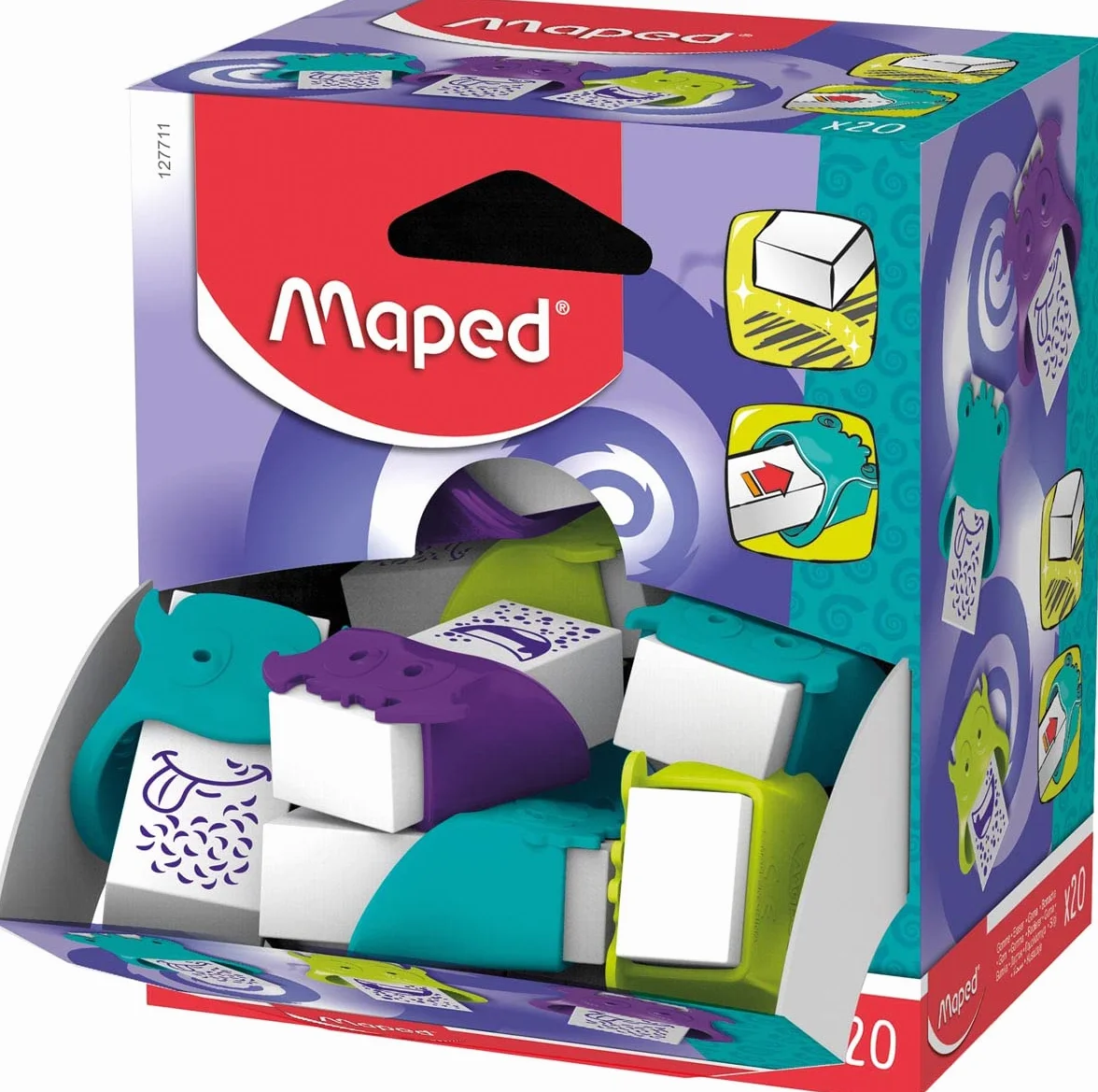 Maped - Material Escolar - Goma de Borrar Little Monster - Expositor con 20 Unidades - Diseño Lúdico con Formas de Monstruos - Agarre Ergonómico - Tamaño Ideal para Estuche - 3 Colores