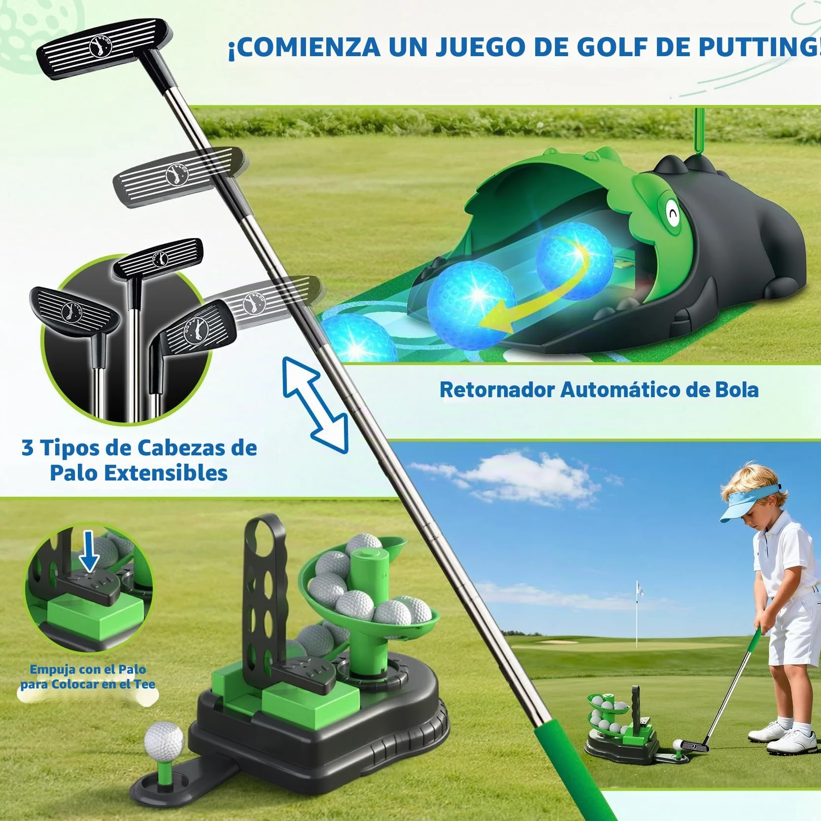 TERRAMUS Juego de Golf Infantil Mejorado, 3 en 1 con Lanzador automático de Pelotas de Dinosaurio y Pelotas con luz LED, minigolf para niños de 3 a 8 años