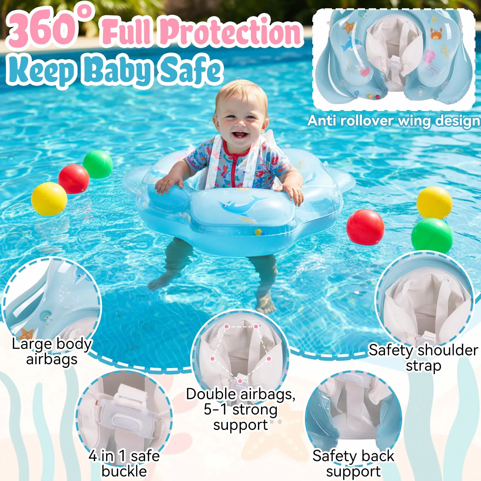 Ninonly Flotador Bebe con Sombrilla UV UPF 50+ Inflable Protección Solar Antivuelco Piscina Bebe Asiento Respaldo 12-36 Meses
