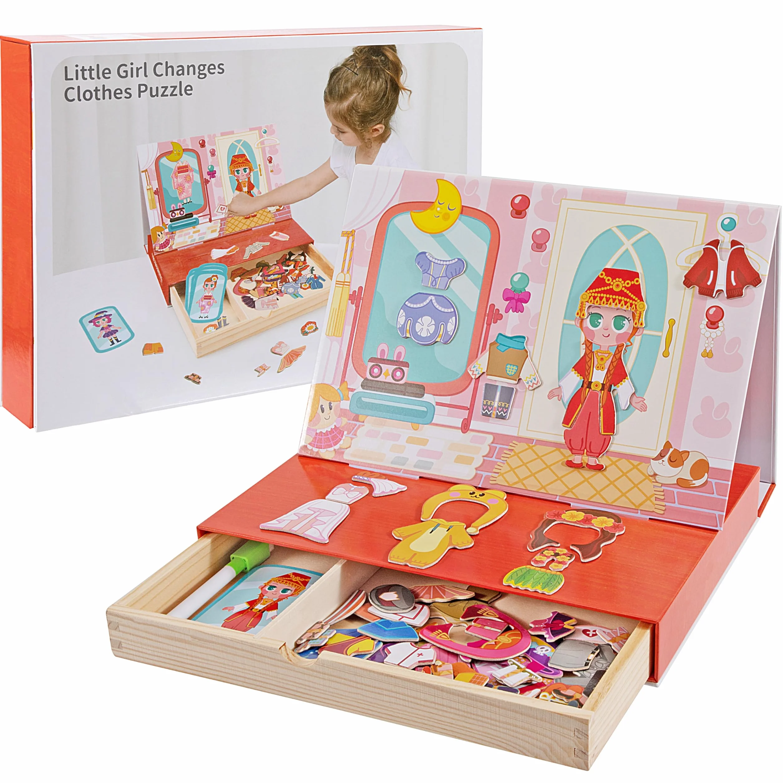 Magneticos Dress Up Juegos con Caja Madera para Niños 3+ Años, Puzzle Book Niñas, Juguetes Vestir Educativo Aprendizaje Motricidad Fina e Imaginación