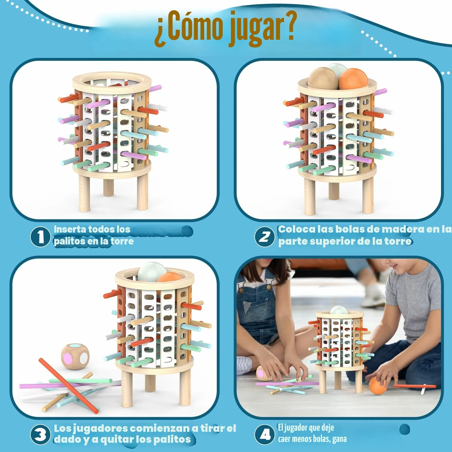 Montessori Juguetes con 28 Palitos de Coloridos Juegos de Mesa Niños Niñas 3 4 5 6 7 8 9 10 11 12 Años Regalo, Juego Educativo Familiar para Cognición y Habilidades Motoras Finas Torre de Madera