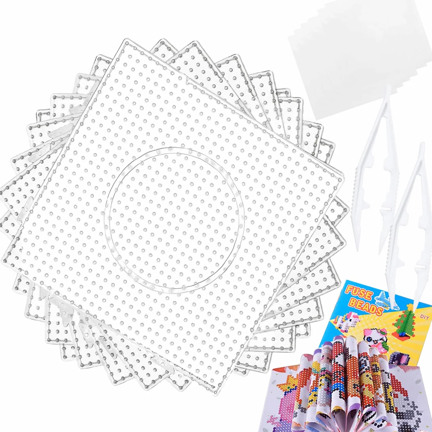 12 Placas cuadradas transparentes Juego de Cuentas Beads - 14.5 x 14.5 cm 2 Pinzas,Papel de Planchado, Libro Hama 90 patrones Transparente placa interconectable