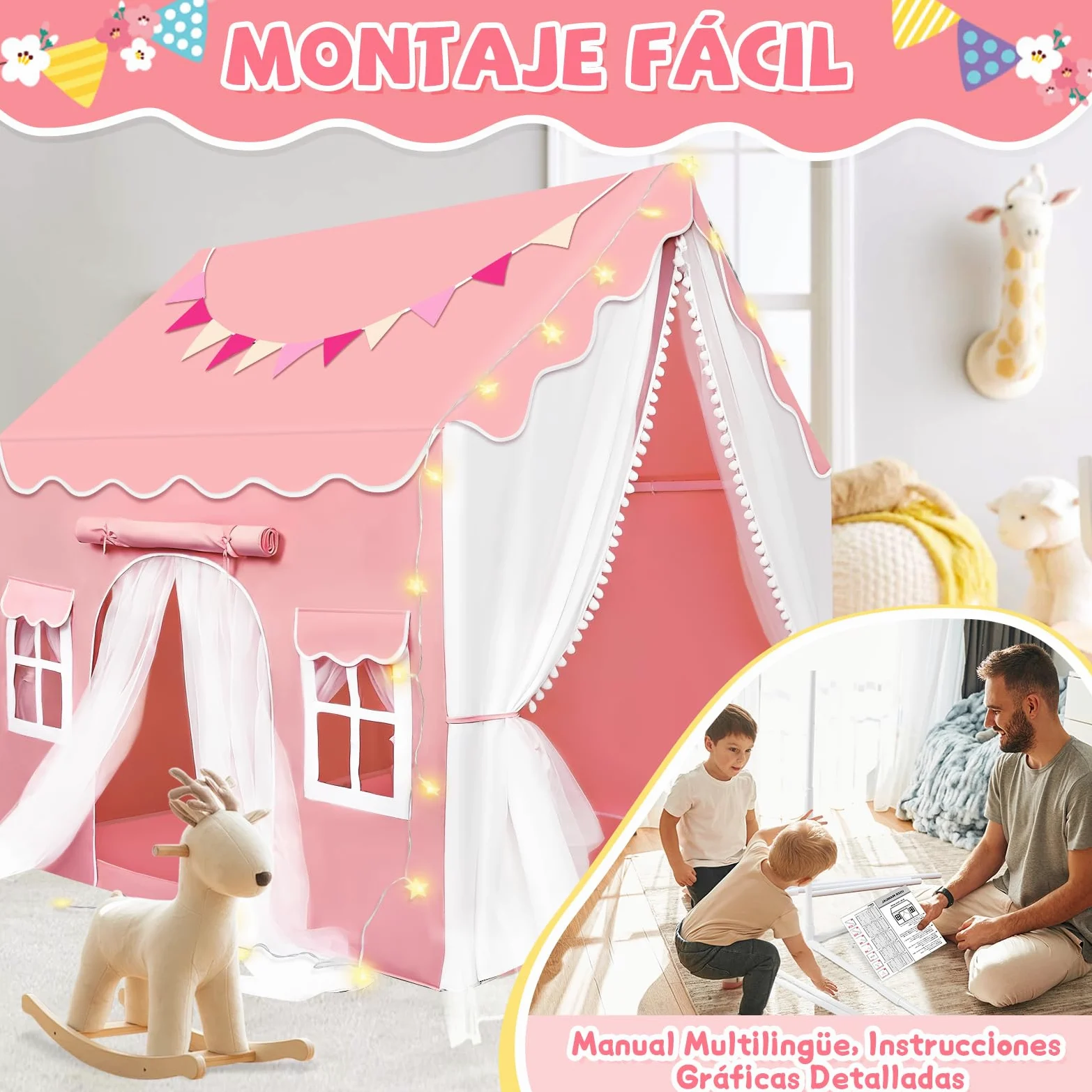 JONRRYIN Tienda Campaña Infantil con 2 Puertas, Cabañas para Niños con Luces Banderas y Bajera, Casitas Infantiles Tela Interior, Ideal Casita Infantil para Niños Niñas