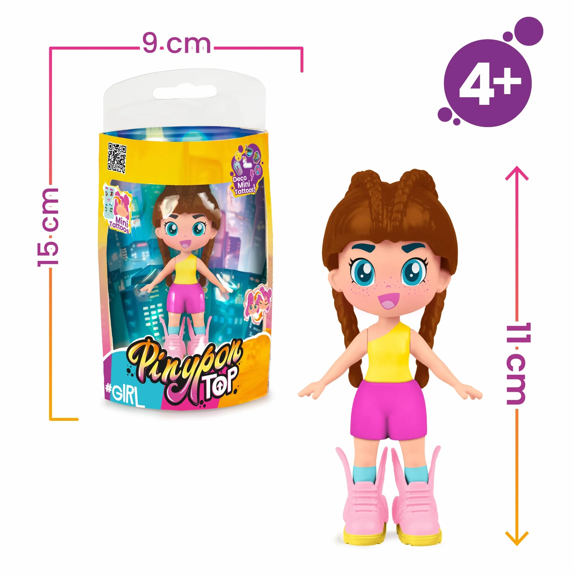 Pinypon TOP Girls Brunette, Chica TOP Morena con Outfit de Street Style, Figura de 11 cm Articulada de Brazos y Piernas, Doble Cara y Ropa y Zapatos Intercambiables, +4 años, Famosa (PNN00200)
