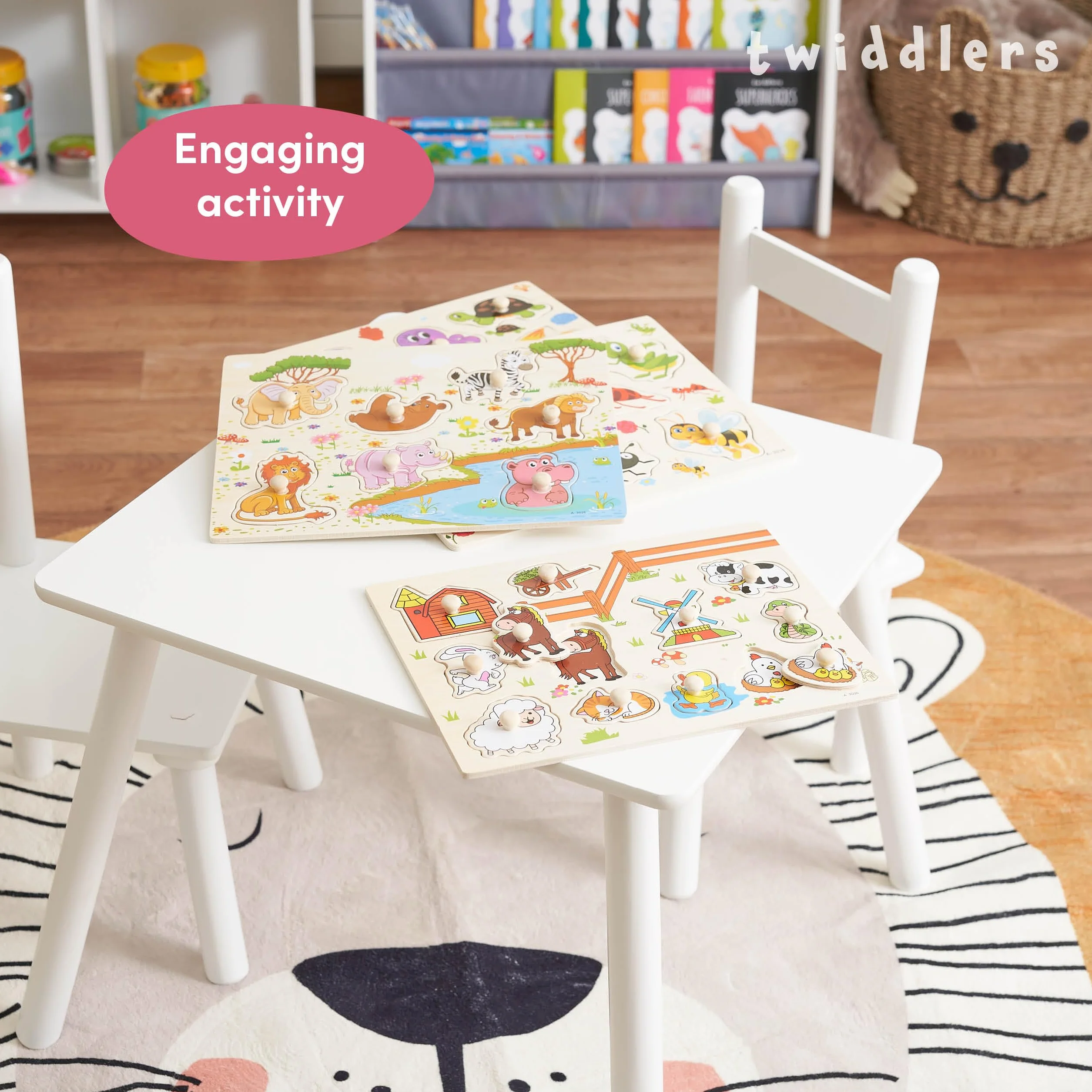 THE TWIDDLERS Set de 4 Puzles de Madera para Bebés Juguetes Educativos Montessori con Tiradores