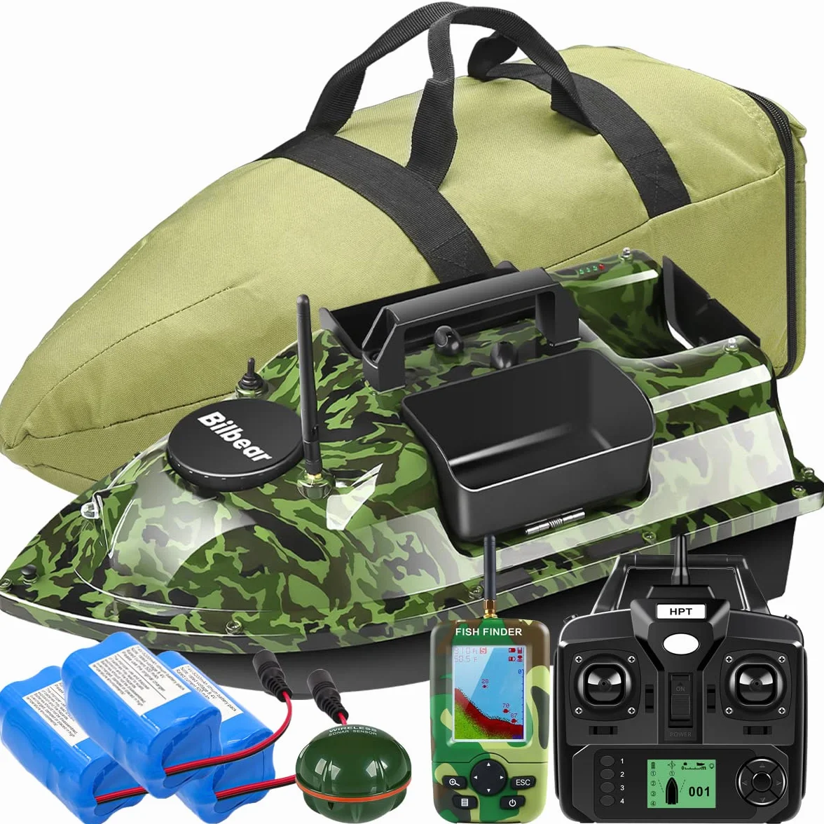 barco de cebo GPS con echólot y GPS, 3 compuertas, suministro de cebo, pesca con sensor sonar, batería de repuesto, bolso (Camo Boot con buscador de pescados)