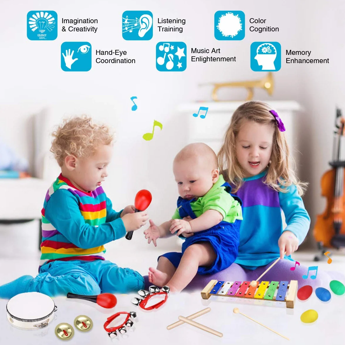 Instrumentos Musicales para Infantil, ULIFEME 24 Piezas Juguetes Músicales de Percusion para Bebes, Xilófono Madera Set de Instrumentos Musicales para Niños Juegos Musical con Una Bolsa de Transporte