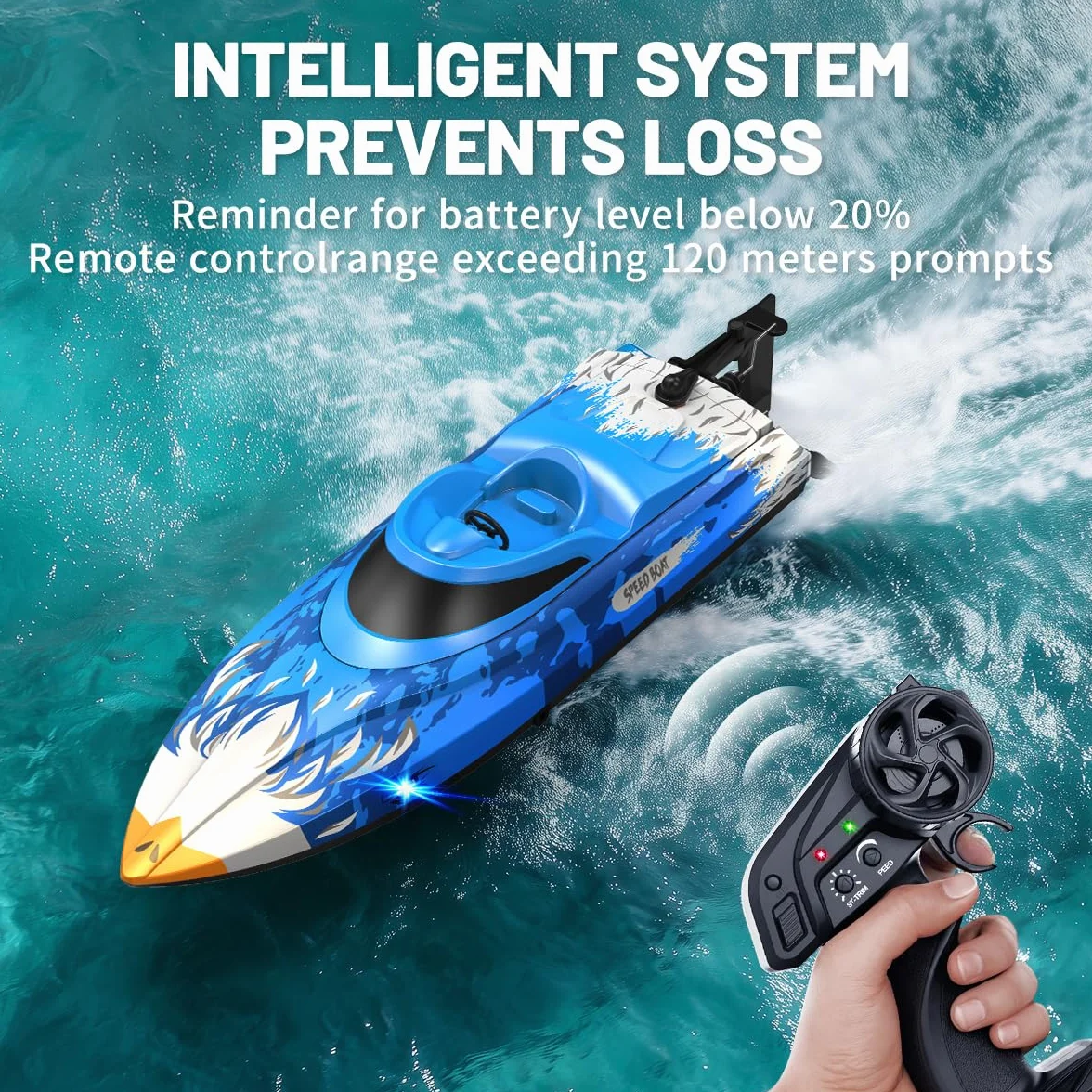 Barco teledirigido RC 25 km/h, impermeable con mando 2.4GHz, refrigeración por agua, luz LED, función Flip automática, alarma de batería y distancia, 2 baterías, para niños y adultos, piscina y lago