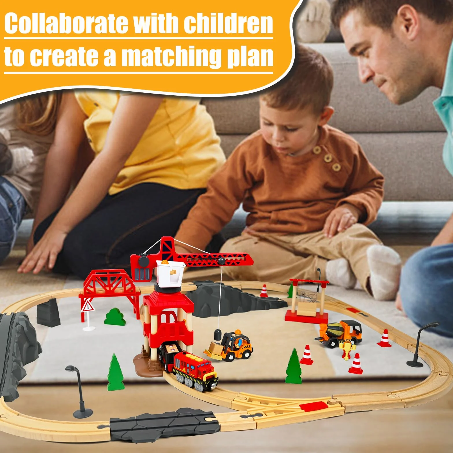 FORMIZON 87 Piezas Pistas de Tren Madera, Ferrocarril Madera con Tren Eléctrico y Coche de Bomberos, Tren Juguetes Regalos de Cumpleaños y Navidad para Niños, Compatible con Las Principales Marcas