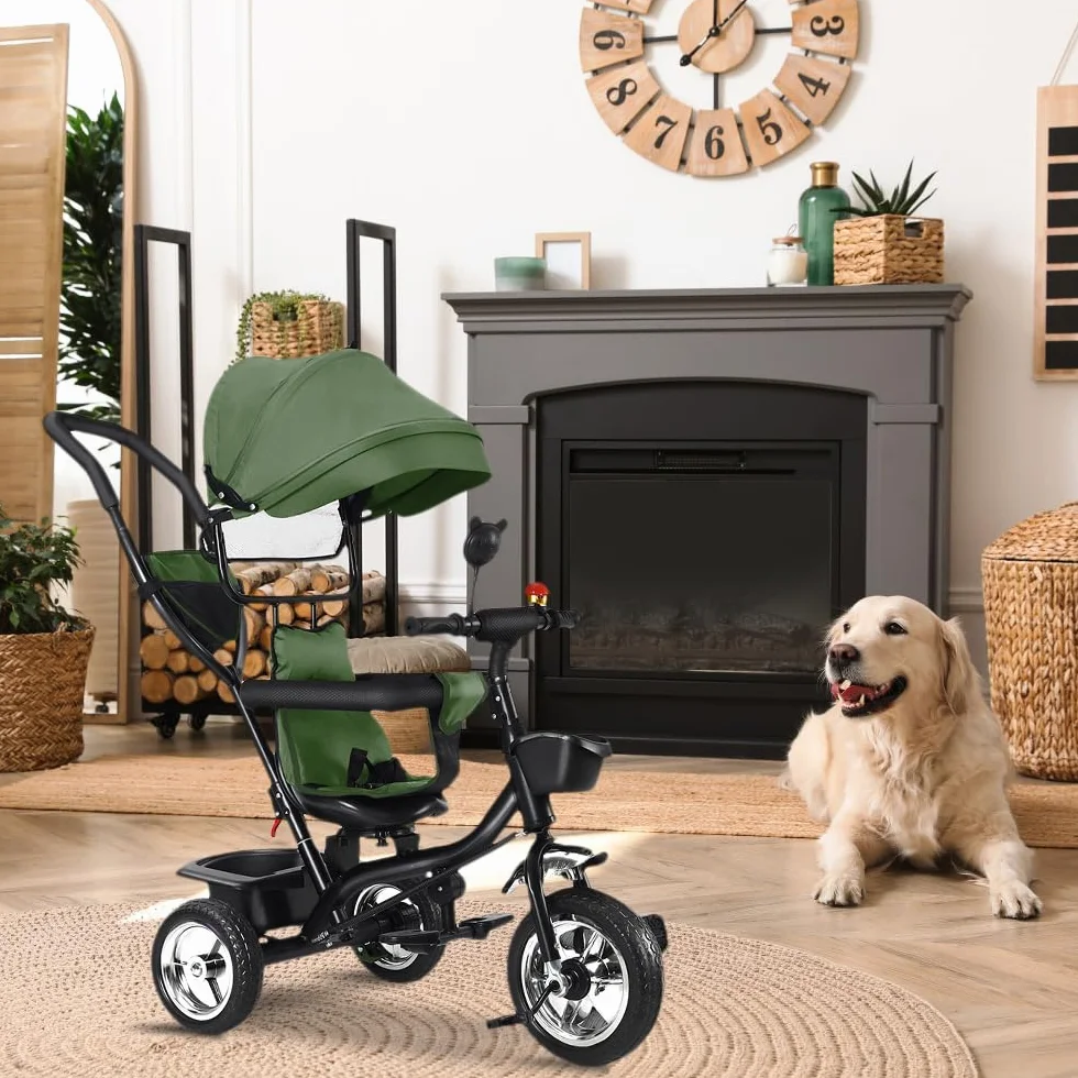 OHMG Triciclo bebé evolutivo 5 en 1 bicicleta. Silla de paseo con mango de empuje, toldo desmontable, cinturón de seguridad de 5 puntos, almacenamiento, reposapiés, freno, para niños de 1 a 5 años