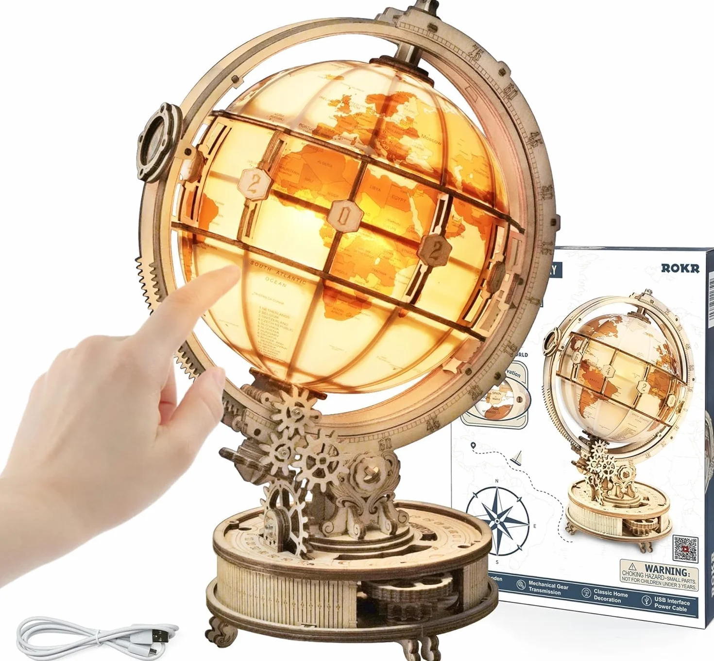 ROKR Puzzle 3D Madera Globo Luminoso Maquetas de Madera para Construir Maquetas para Montar, 180 Piezas, Luminous Globe