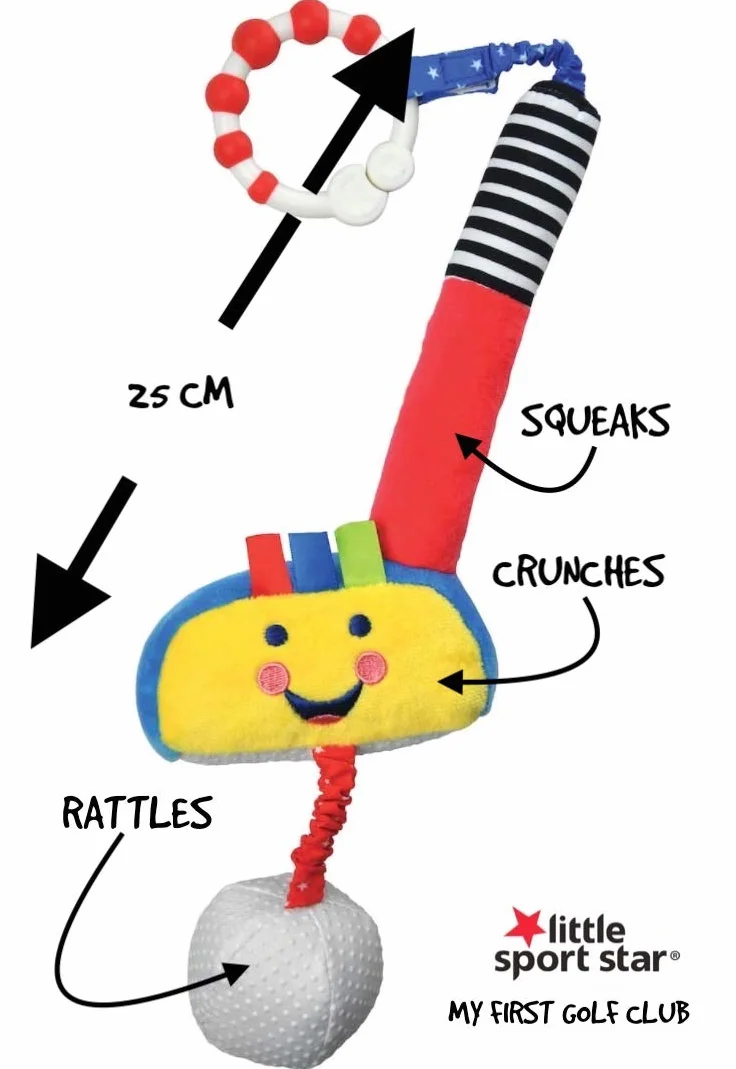 Little Sport Star Club de golf y pelota para bebés, juguete con clip para golfistas, adecuado desde el nacimiento, para llevar o en casa, regalo para bebé, chirridos, sonajeros y crujidos, un juguete