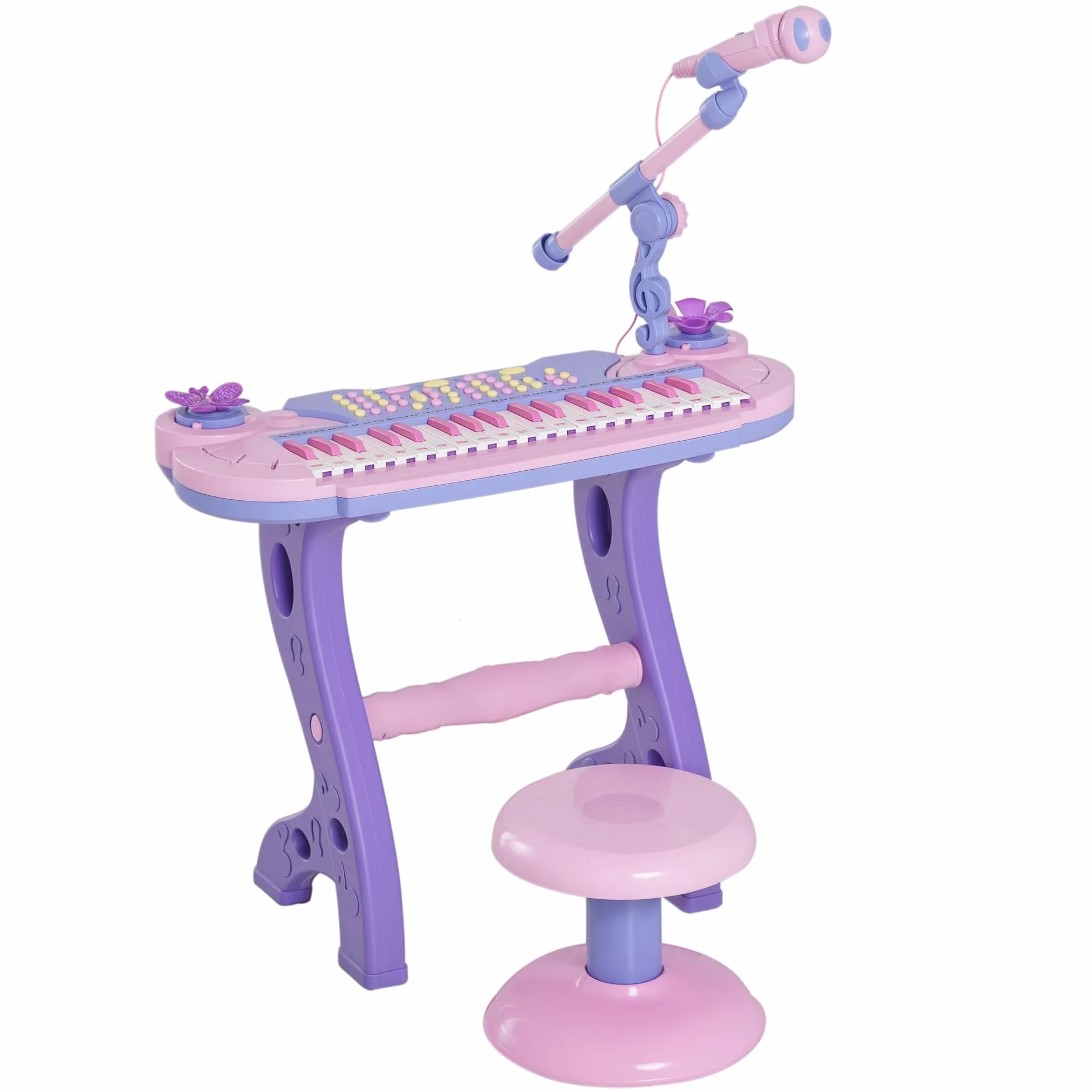HOMCOM Piano Infantil 37 Teclas Teclado Electrónico Juego de Piano Regalo Juguete Educativo para Niños +3 Años con Micrófono Taburete Luces y 22 Canciones USB/MP3 Karaoke Rosa