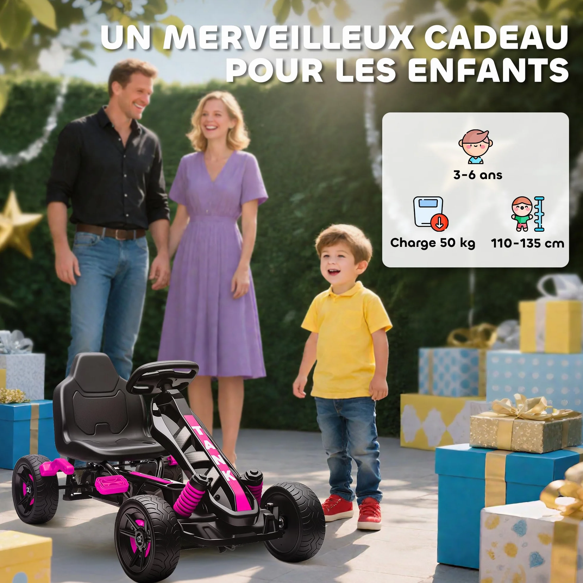 AIYAPLAY Kart a pedales para niños, karting infantil con embrague automático, freno, ruedas de EVA antideslizantes, avanzar y retroceder, coche a pedales para niños de 3 a 6 años, rosa