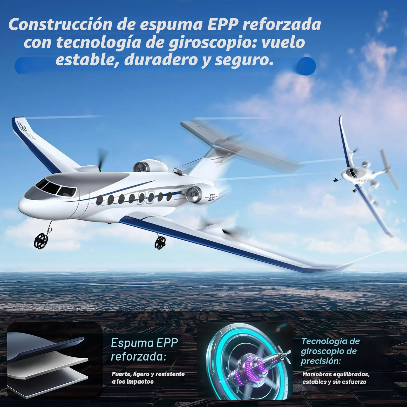 DEERC Avion Teledirigido G650, Jet Privado, Avión RC de 3 Canales, Juguete, giroestabilizador de 6 Ejes de 2,4 GHz, Planeador RTF, fácil de Volar, Ideal para Principiantes, niños y Adultos.