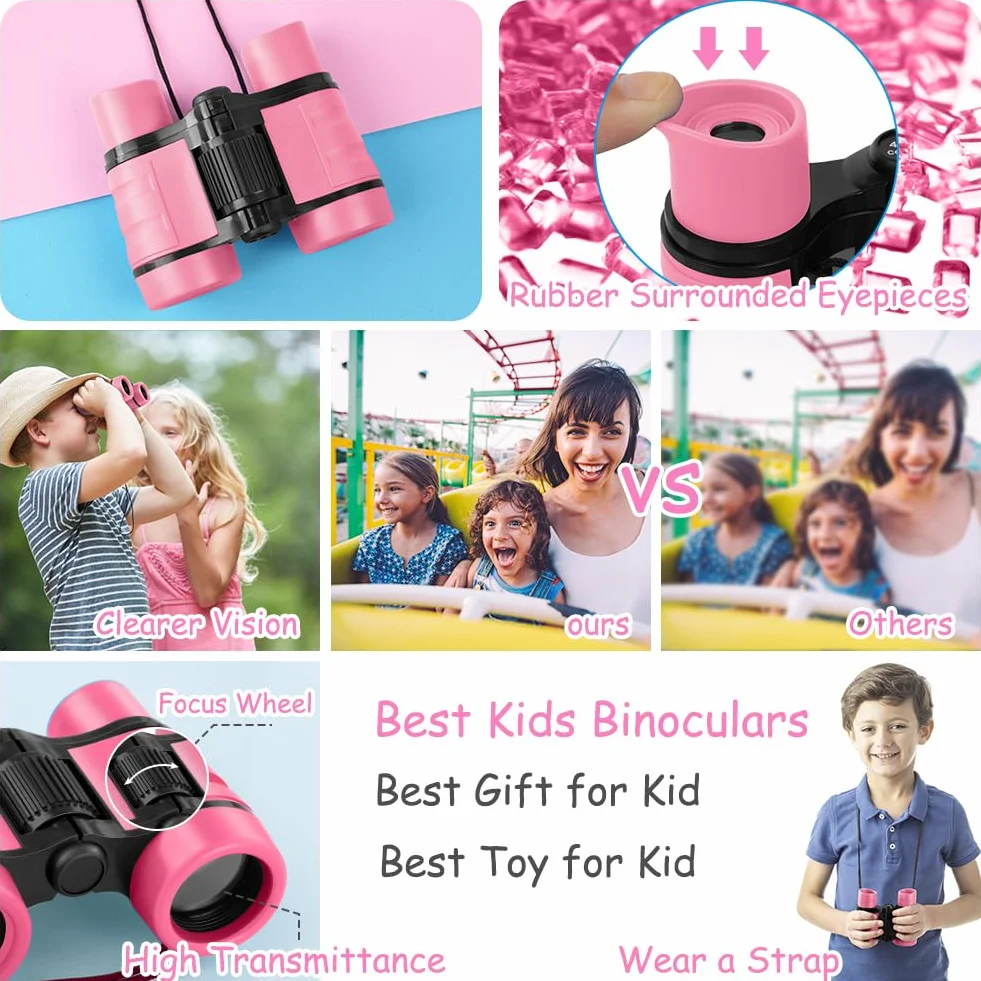 OSDUE Binoculares para Niños, Binoculares para Observar Aves Al Aire Libre para Niños, Mini Compactos a Prueba de Golpes, Juguetes Telescópicos con Tela para Anteojos (Rosa)