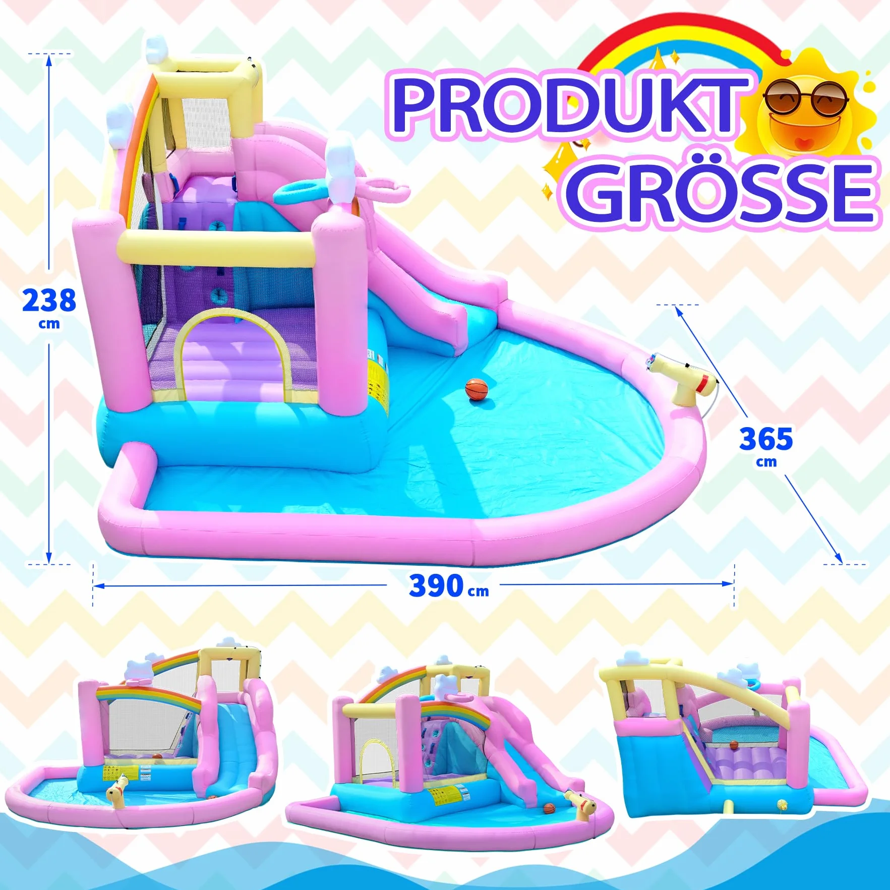 Castillo hinchable hinchable con tobogán de agua, pared de escalada, canasta de baloncesto y piscina infantil, incluye soplador, exterior para niños, ideal para jardín, 365 x 390 x 238 cm
