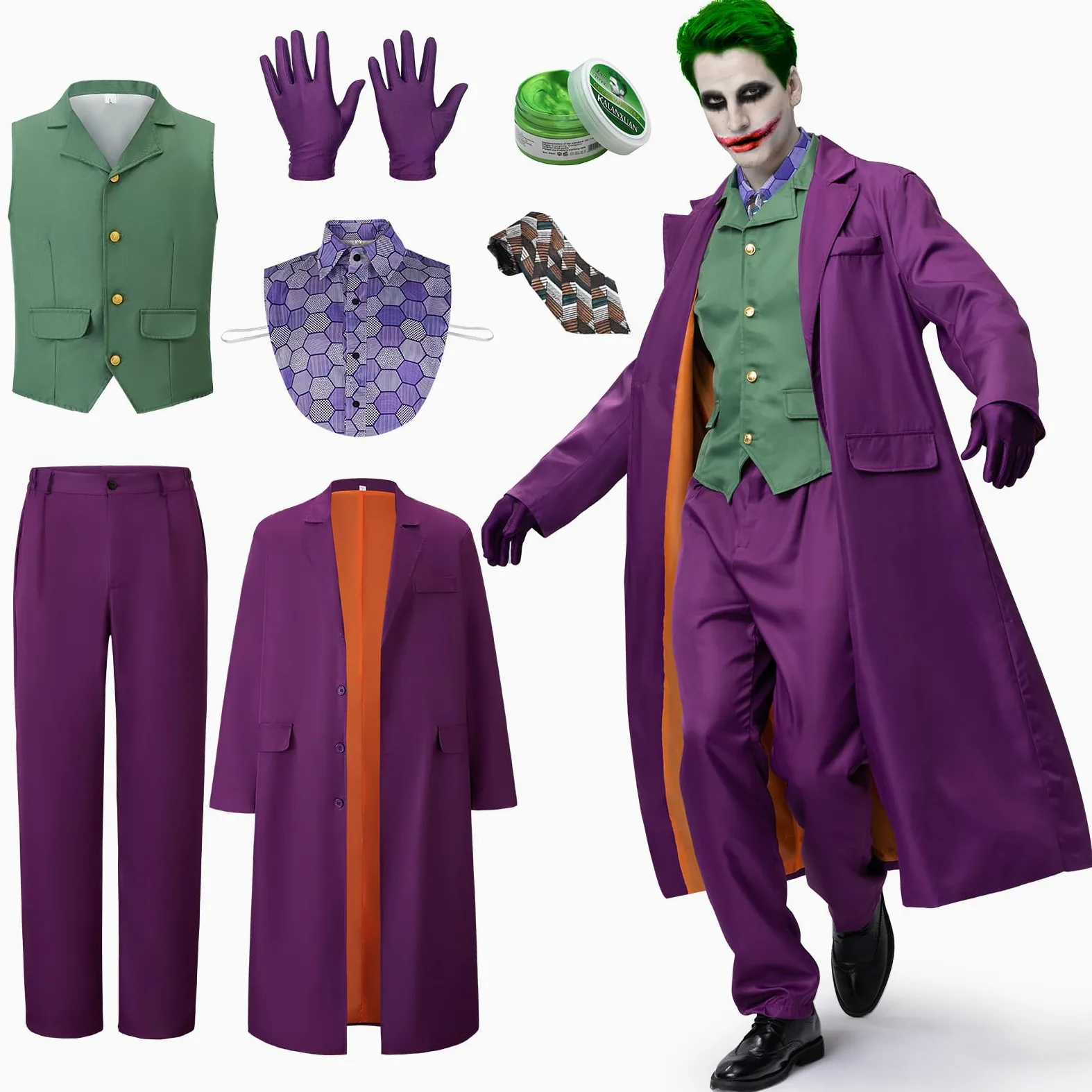 IEEILULU Disfraz Joker Hombre, Disfraz de Payaso Terror Hombre Halloween Disfraz Joker con Abrigo Morado, Chaleco Verde, Pantalones, Corbata, Cuello de Camisa Falso y Guantes para Halloween