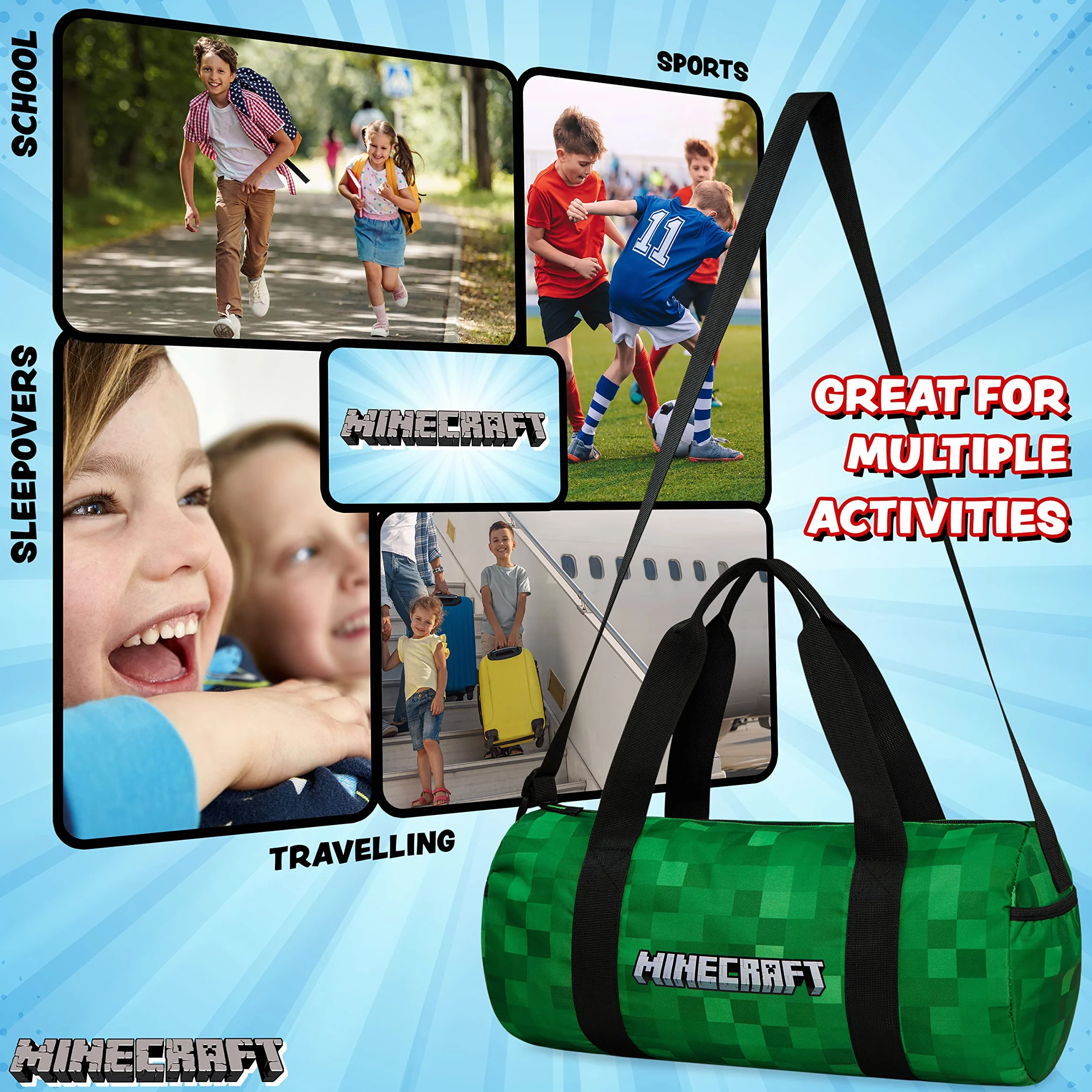 Minecraft Bolsa Deporte Niño Viaje Infantil Piscina Correas Ajustables Gimnasio Regalos 41x18x19cm Verde