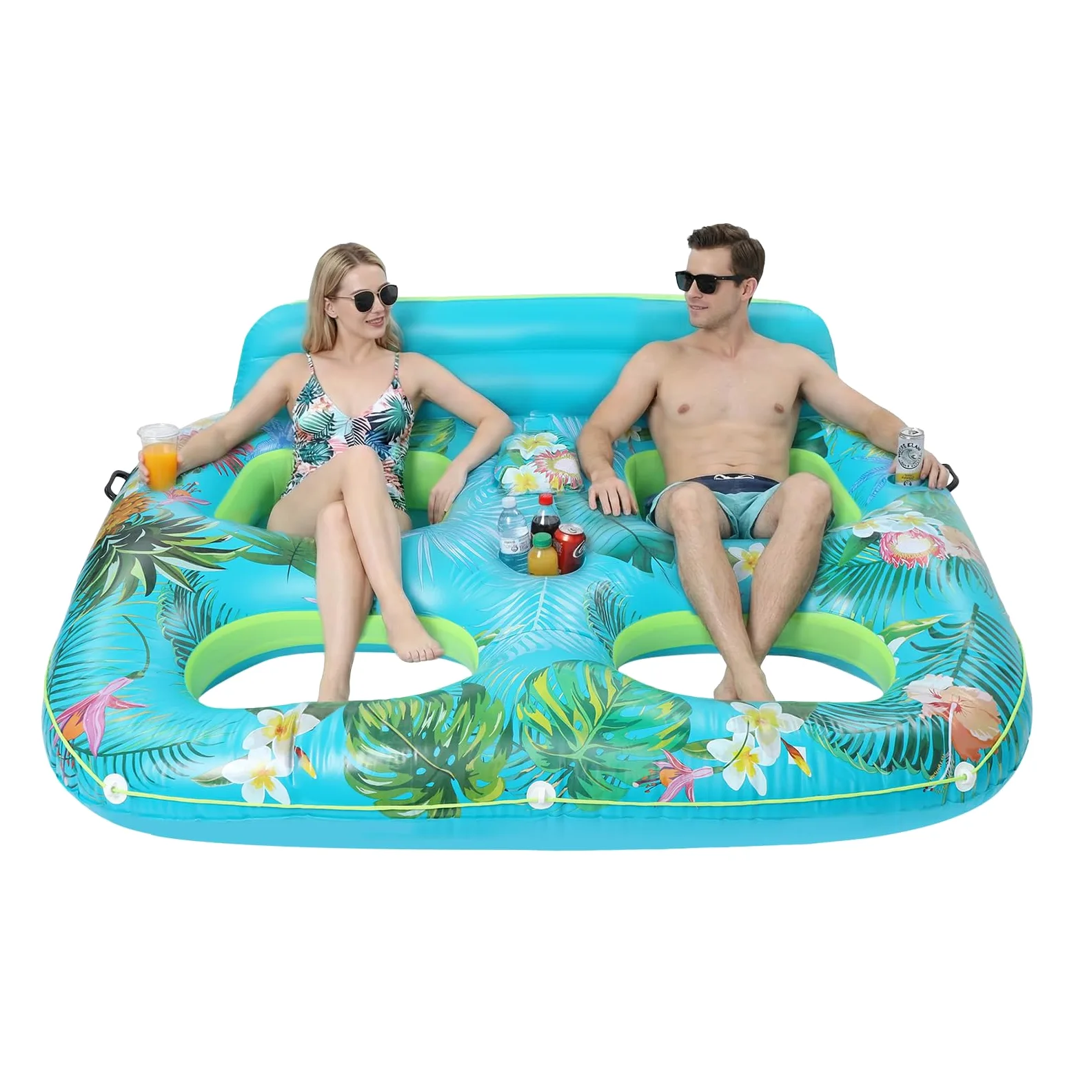 Colchón hinchable para 2 personas, sillón flotante con soporte para bebidas y asa, piscina con red, perfecto para vacaciones, piscina, piscina al aire libre