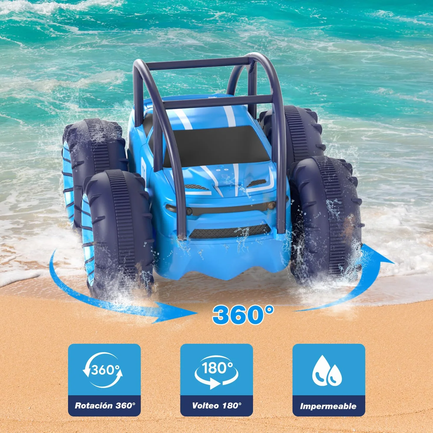 MaxTronic Coche Teledirigido Anfibio 2.4G 360° 15KM/H 4WD Acrobacias Todoterreno LED Ajustable para Niños 3-12 Años