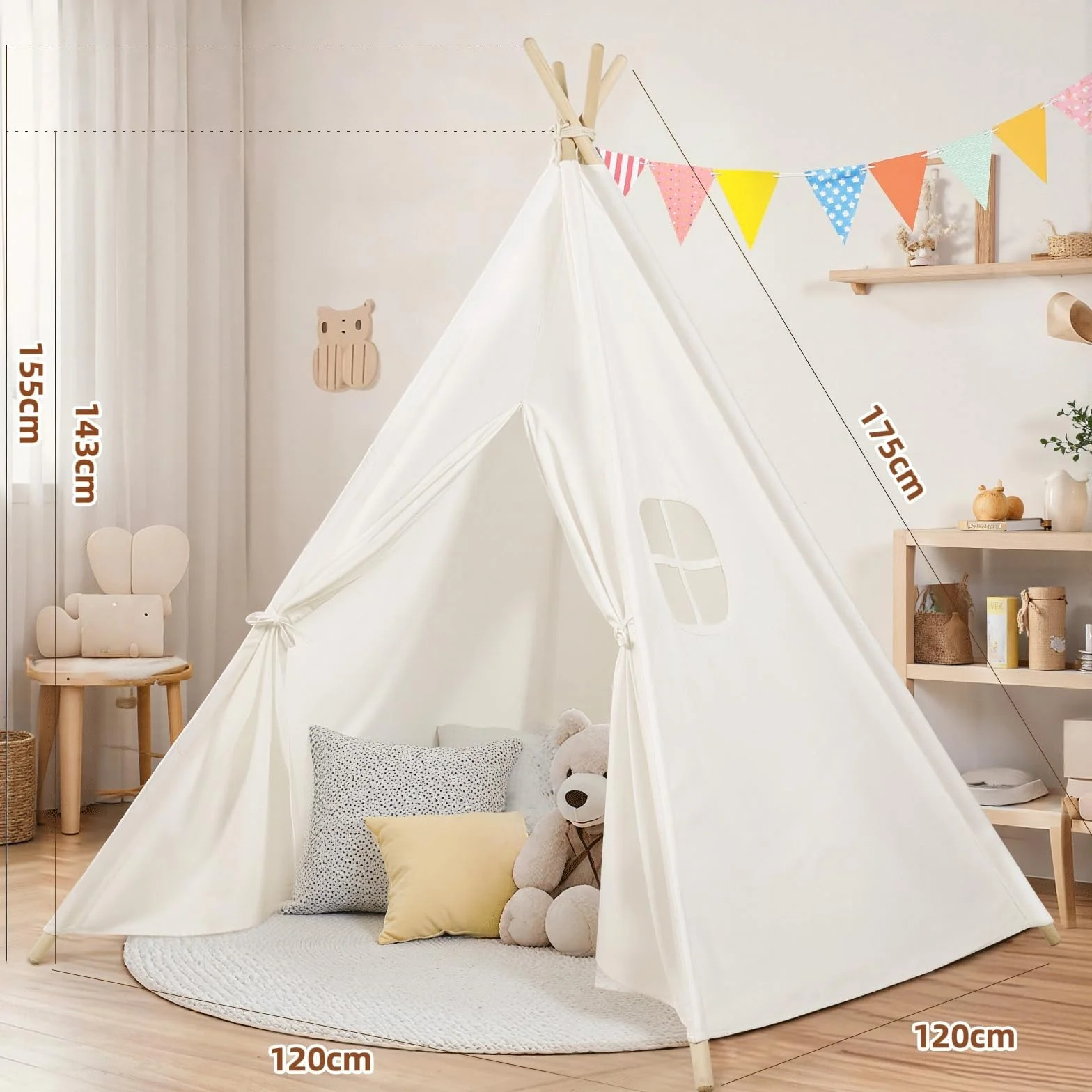 Tipi Infantil Algodón Tienda de Campaña Interior Madera Portátil Cabañas para Niños Blanco Roto
