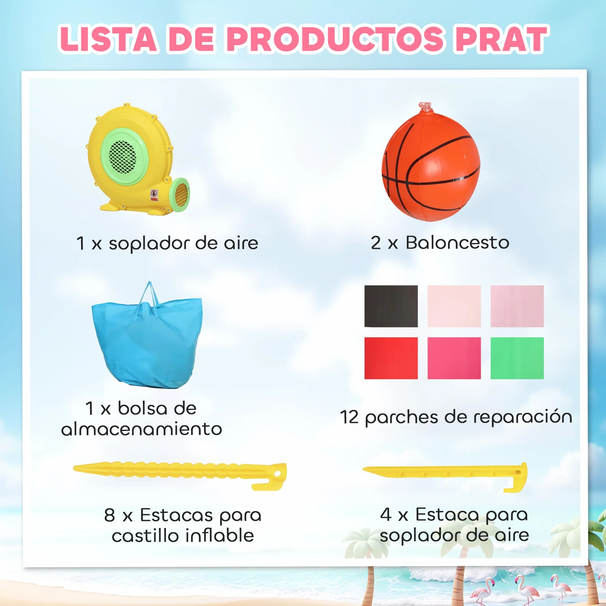 AIYAPLAY Castillo Hinchable para Niños con Soplador, Castillo Hinchable con Tobogán, Cama Elástica, Piscina de Pelotas, Canasta de Baloncesto, Diseño de Flamenco, Interior y Exterior, 255x230x196 cm