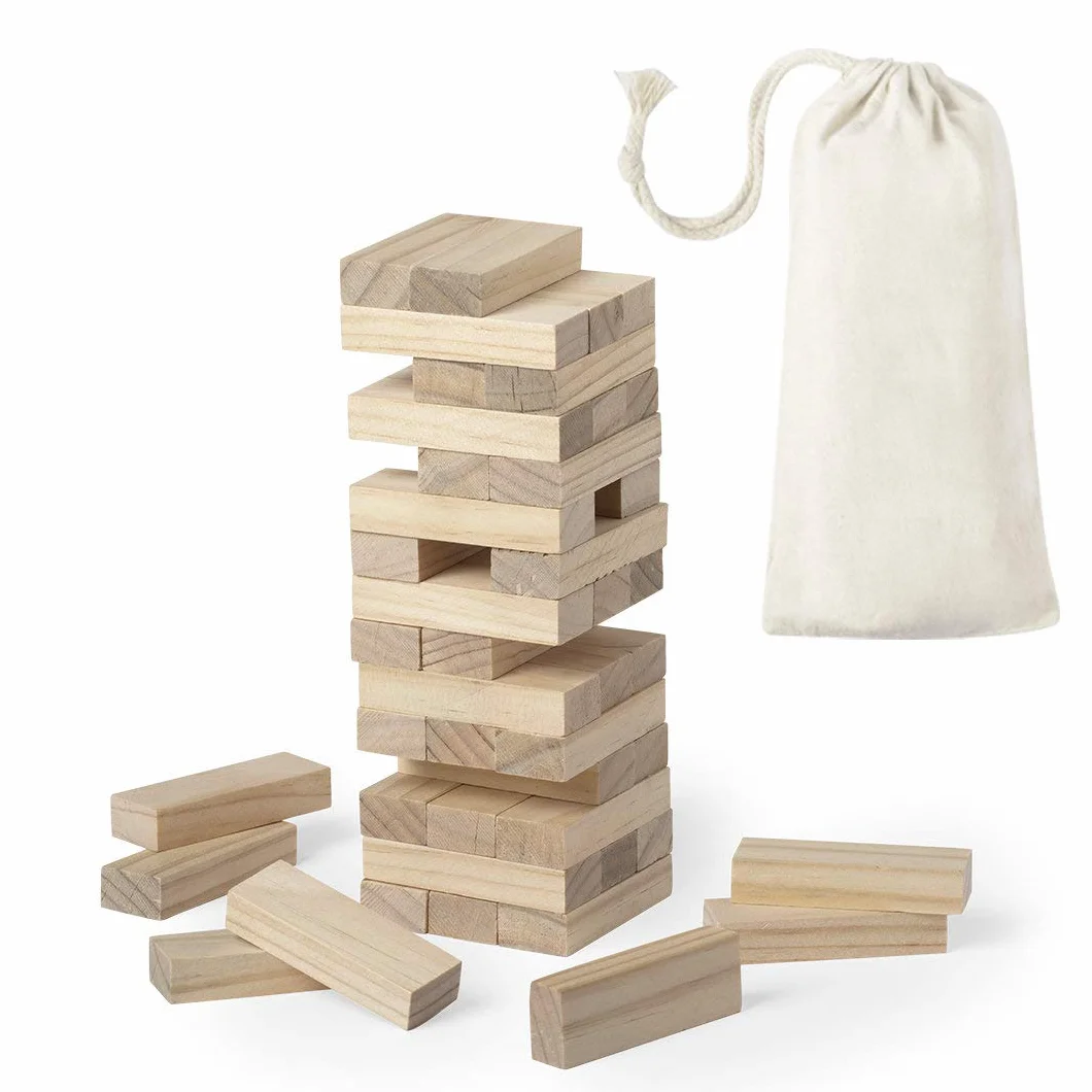 Makito Juego Torre de Madera de Habilidad (tamaño pequeño/Viaje). Incluye 45 Piezas de Madera y Viene presentado en una Resistente Funda de algodón con Cierre de cordón.