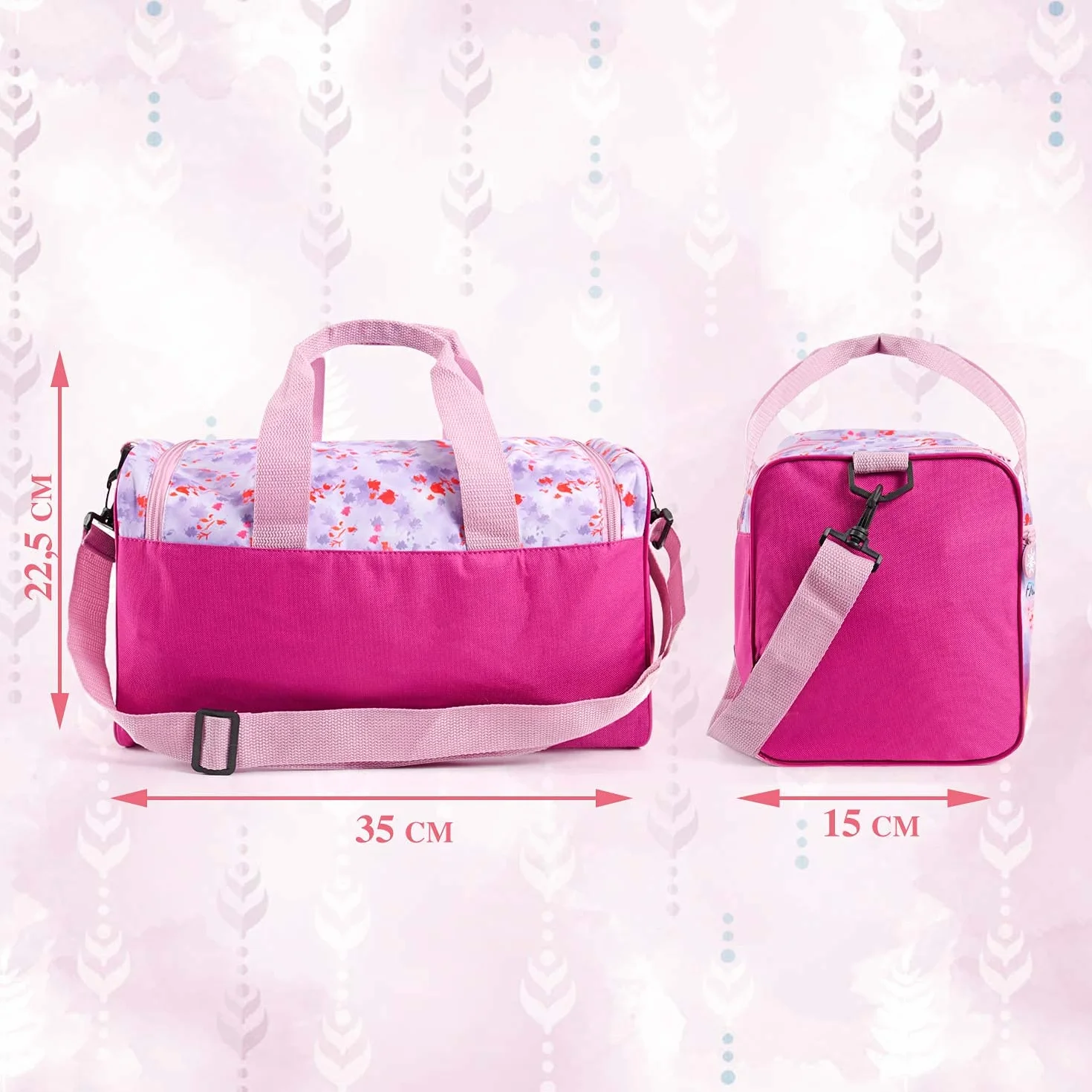PERLETTI Bolsa Deporte Infantil Disney Frozen 2 con Bandolera - Bolso Deportivo Princesas Elsa y Ana - Mochila Gimnasio Niña Rosa Lila Violeta 35x22.5x15