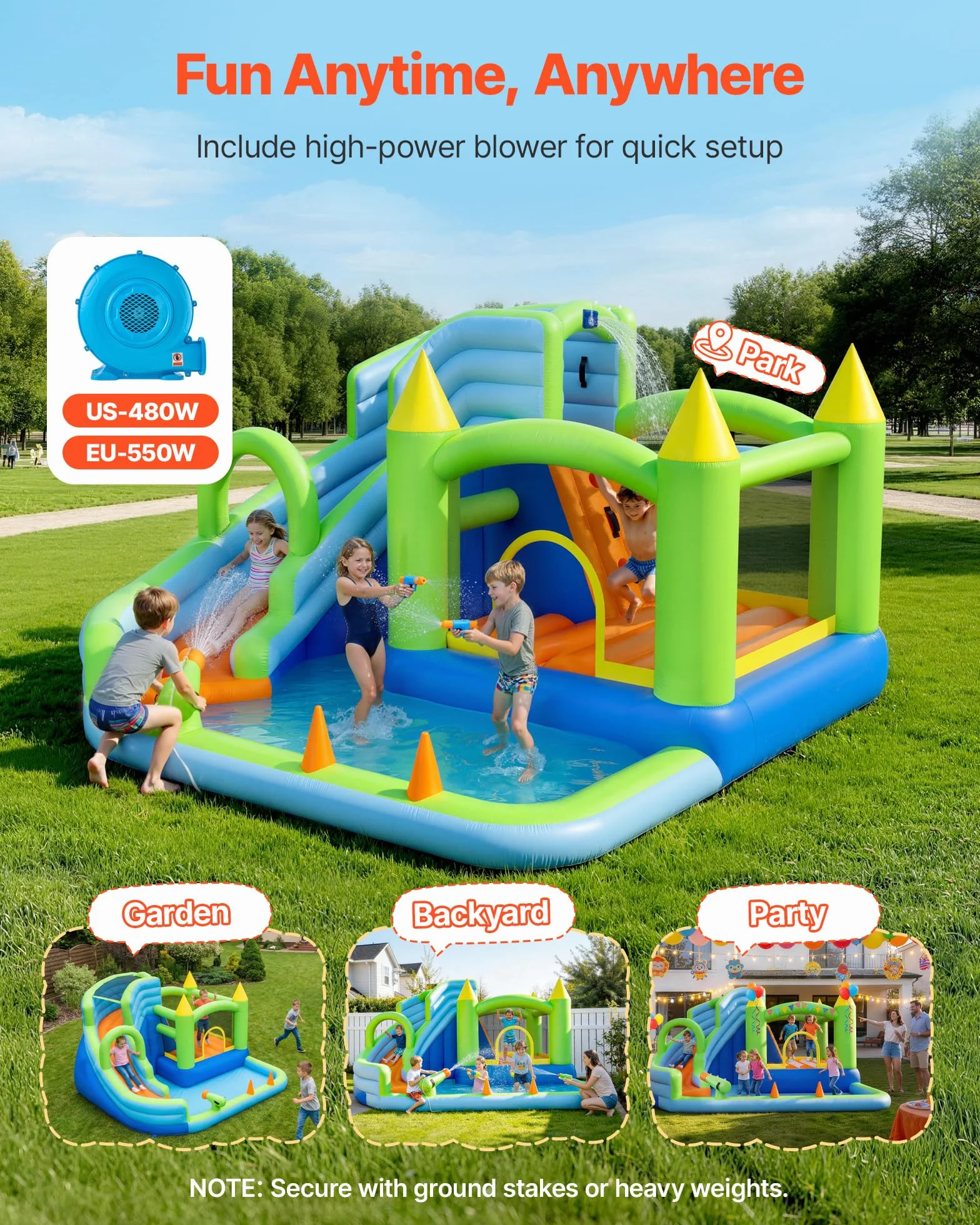 VEVOR Castillo Hinchable 344 x 374 x 213 cm, Parque Infantil Inflable con Tobogán Acuático, Aro de Baloncesto, Piscina de Chapoteo y Lanzamiento de Aros de Agua para 3 a 4 Niños de 3 a 8 Años