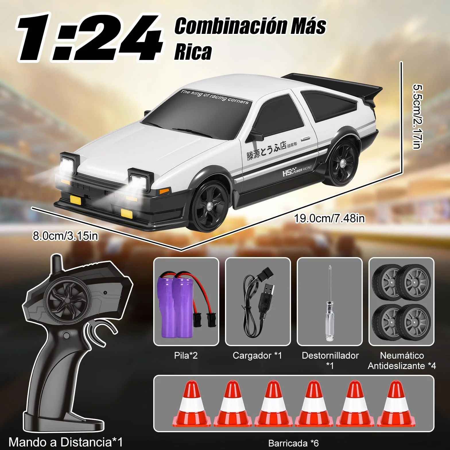 BuzzoXerex Coche Teledirigido Drift, 1:24 Drift RC Car, 18km/h 4WD Mini Car Teledirigido con Kit Barricada, Luces LED, Radiocontrol Coche de Juguete para Adultos y Niños Mayores de 6 Años (Blanco)