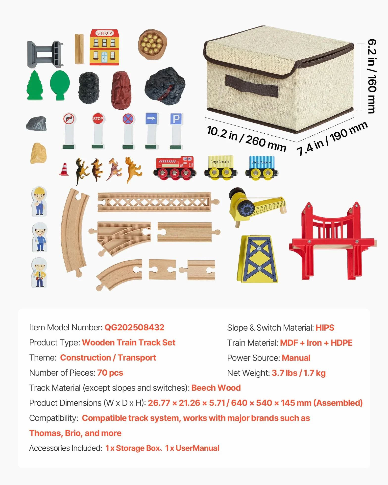 VEVOR Juego de Tren de Madera con Pistas, 70 Piezas con Accesorios, Grúa Magnética Camión Dinosaurio, Diseños Múltiples, Set Educativo, Juguete Compatible con Marcas Principales para Niños 3 a 8 Años