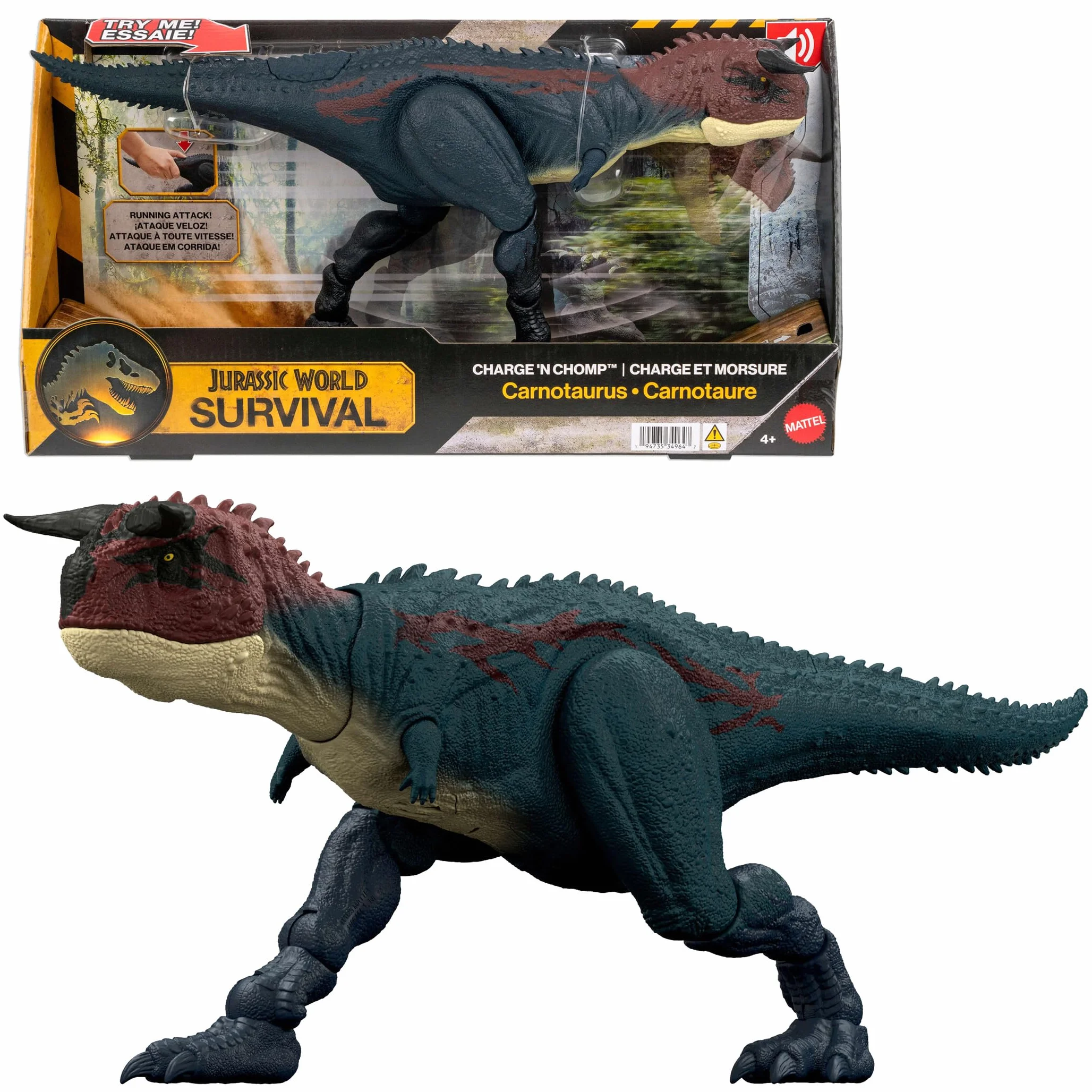 Mattel Jurassic World Corre y Devora Carnotauro, Figura de acción de Dinosaurio con Sonidos, JKG85