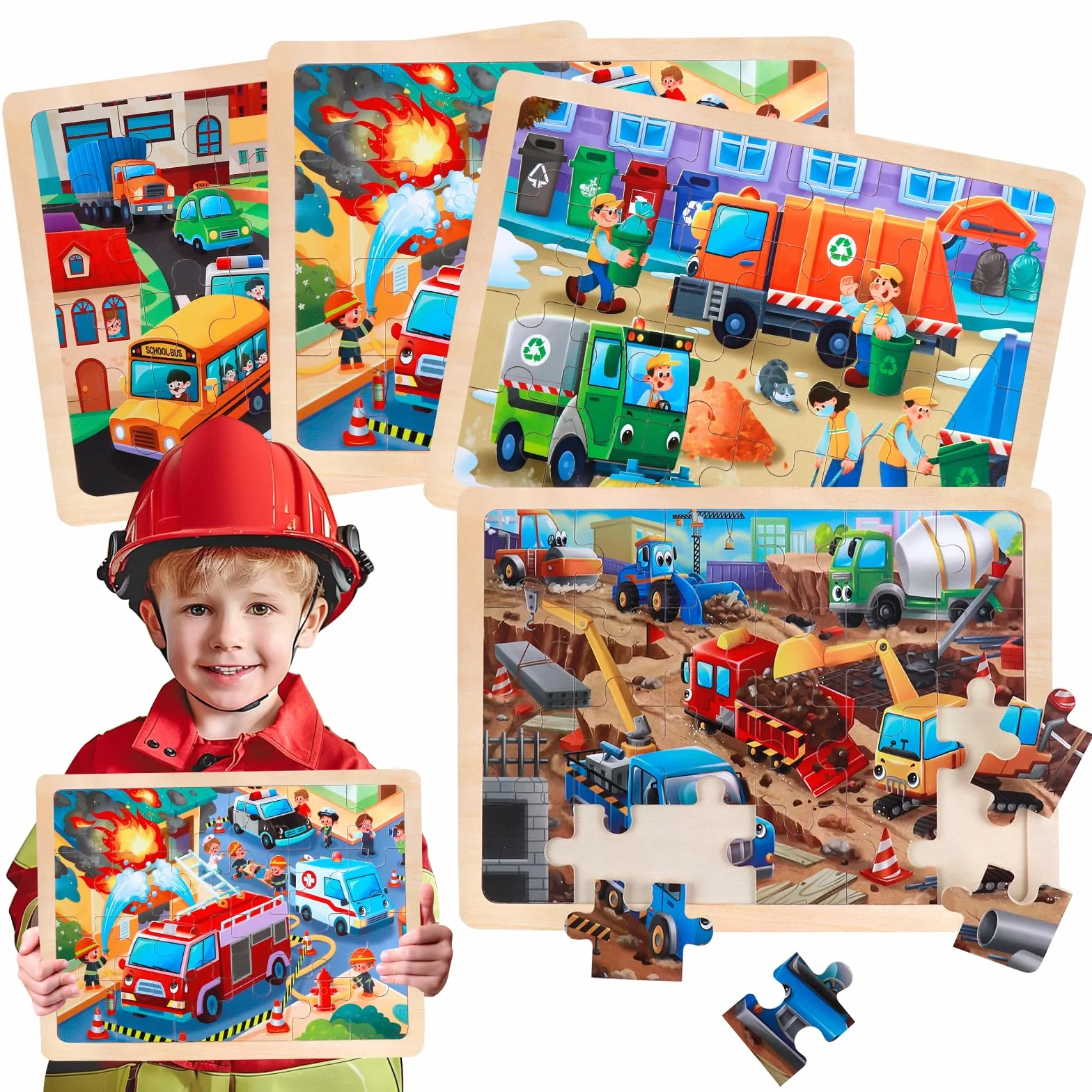 Juego de 4 Puzzle de Madera para Niños, Rompecabezas de 24 Piezas, Puzzle Juego de Coches de Juguete, Juguete Educativo para Infantiles de 3 4 5 6 años, Juguete de Regalo para Niña Niño
