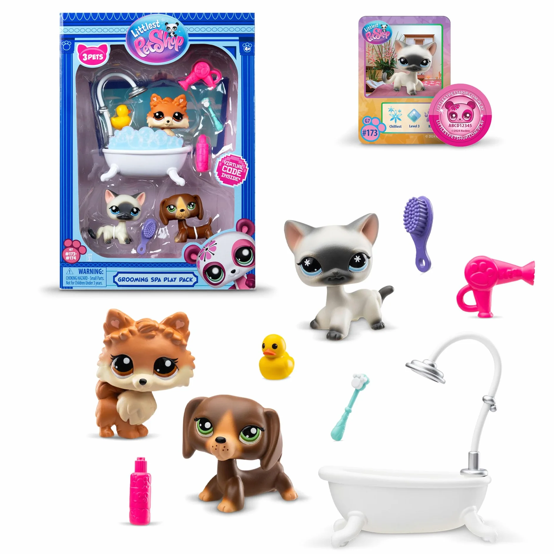 BANDAI - Littlest Pet Shop - DÍA DE SPA BF00638, 3 Mascotas, 10 Accesorios, 1 Tarjeta de coleccionista, 1 código Virtual, Generación 7 Mascotas 172, 173, 174, Figuras de LPS, a Partir de 4 años