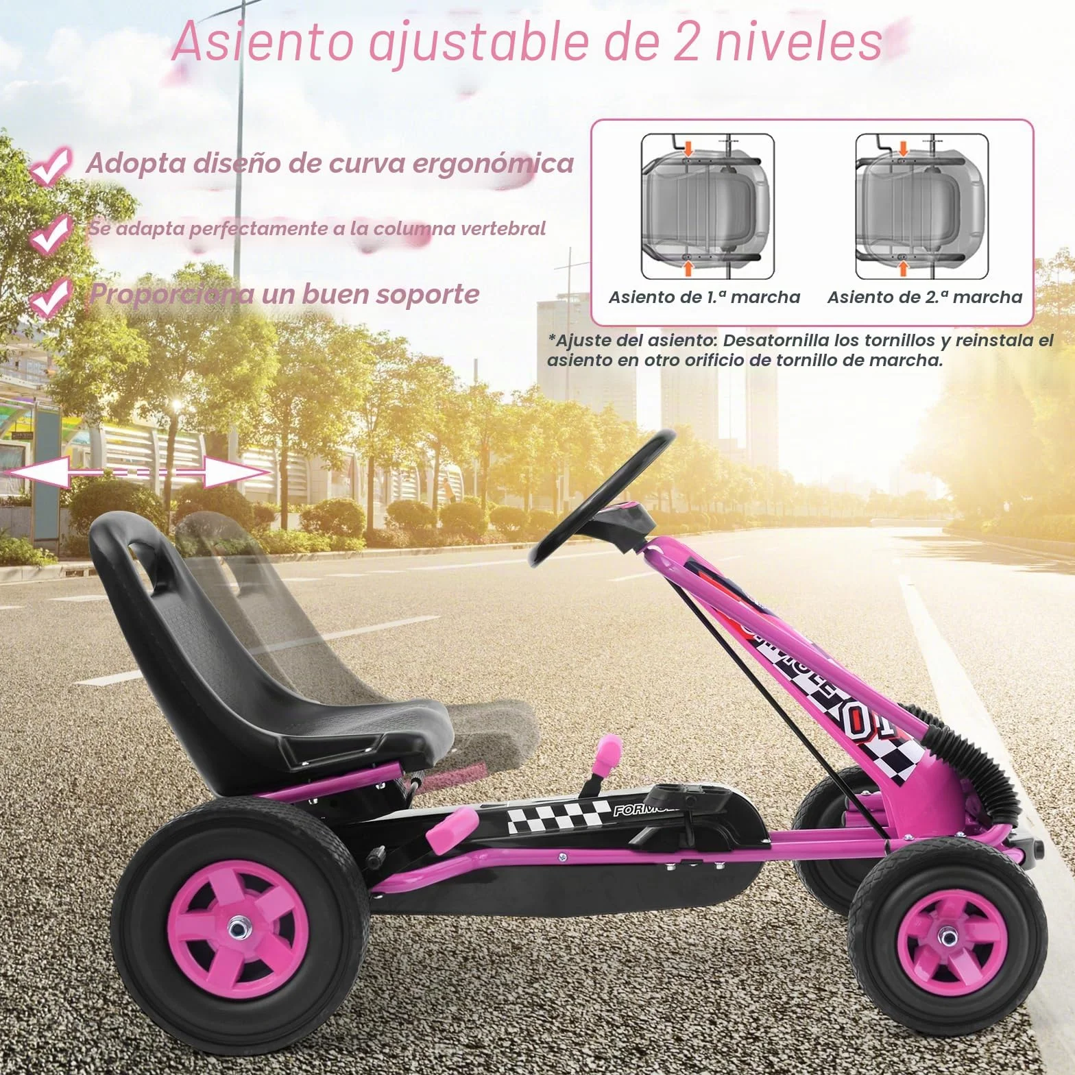GOPLUS Kart con Pedal Infantil, Asiento Ajustable, Avanzar y Retroceder, con Embrague y Freno, Pedales Antideslizantes, 4 Ruedas, Bicicletas y Vehículos para Niños de 3-8 Años (Rosa)