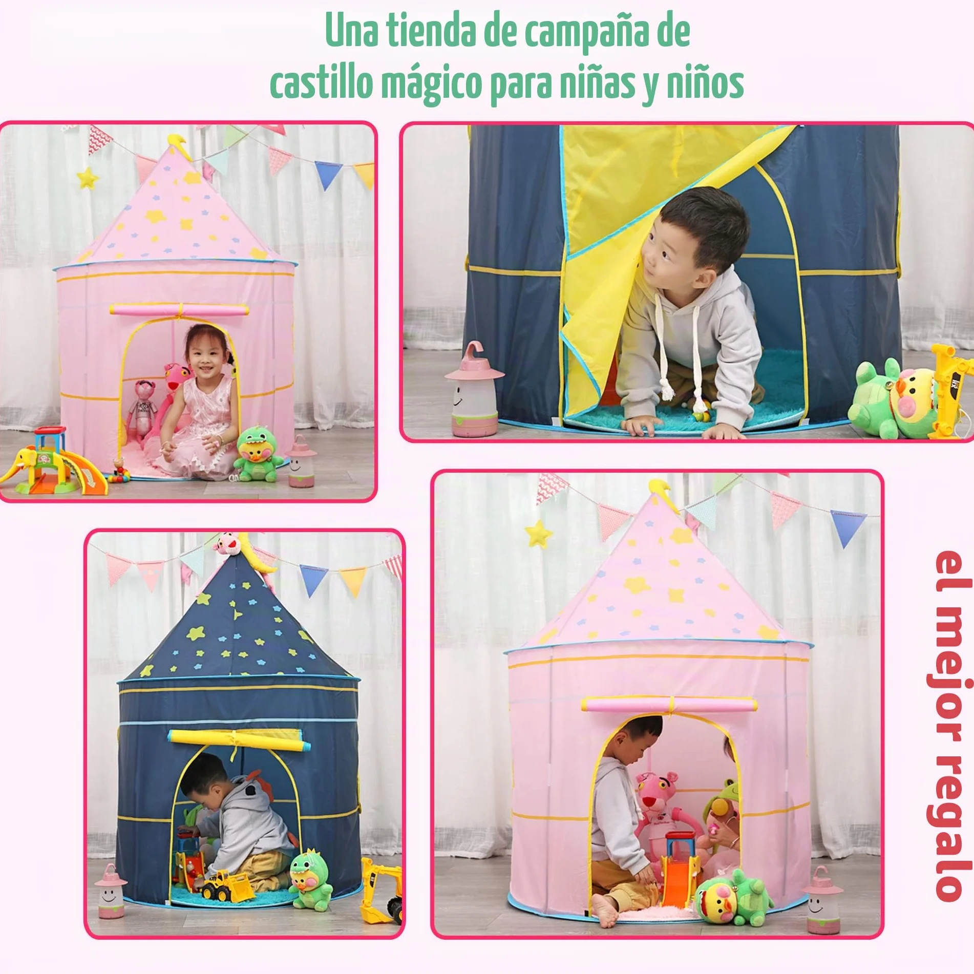 Carpa para niños,con Luces de Estrellas Castillo,Tienda para Niños, Playhouse Toy para Juegos de Interior y Exterior,Navidad & Cumpleaños Regalos para Niños Chico Niña (Rosa Luna)