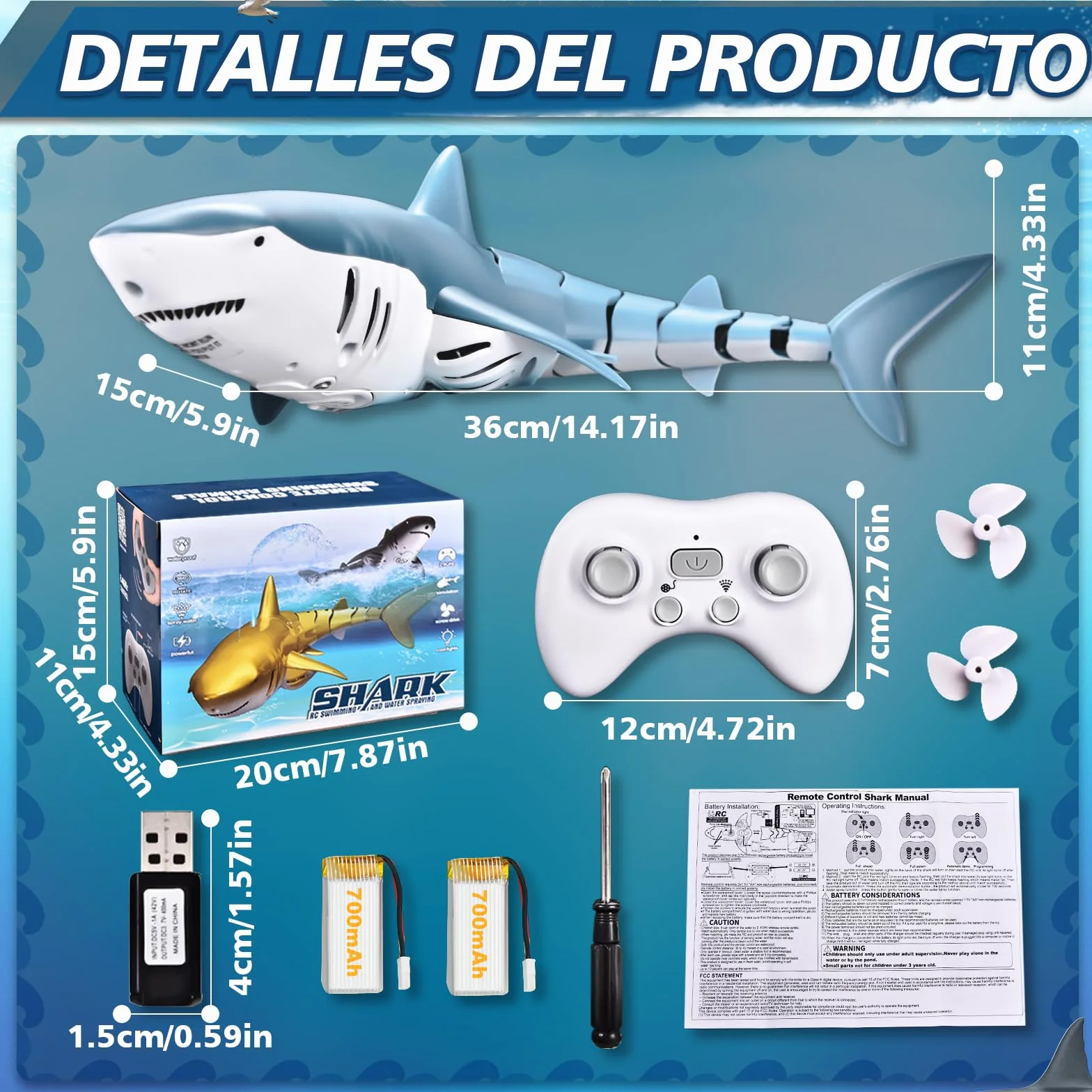 YOOHBERRYS Tiburon Teledirigido, 2.4GHz Tiburon Teledirigido Acuatico, RC Barco Tiburón con Luces y Chorros de Agua, Juguete de Piscina Regalo para 6+ Años Niño Niña
