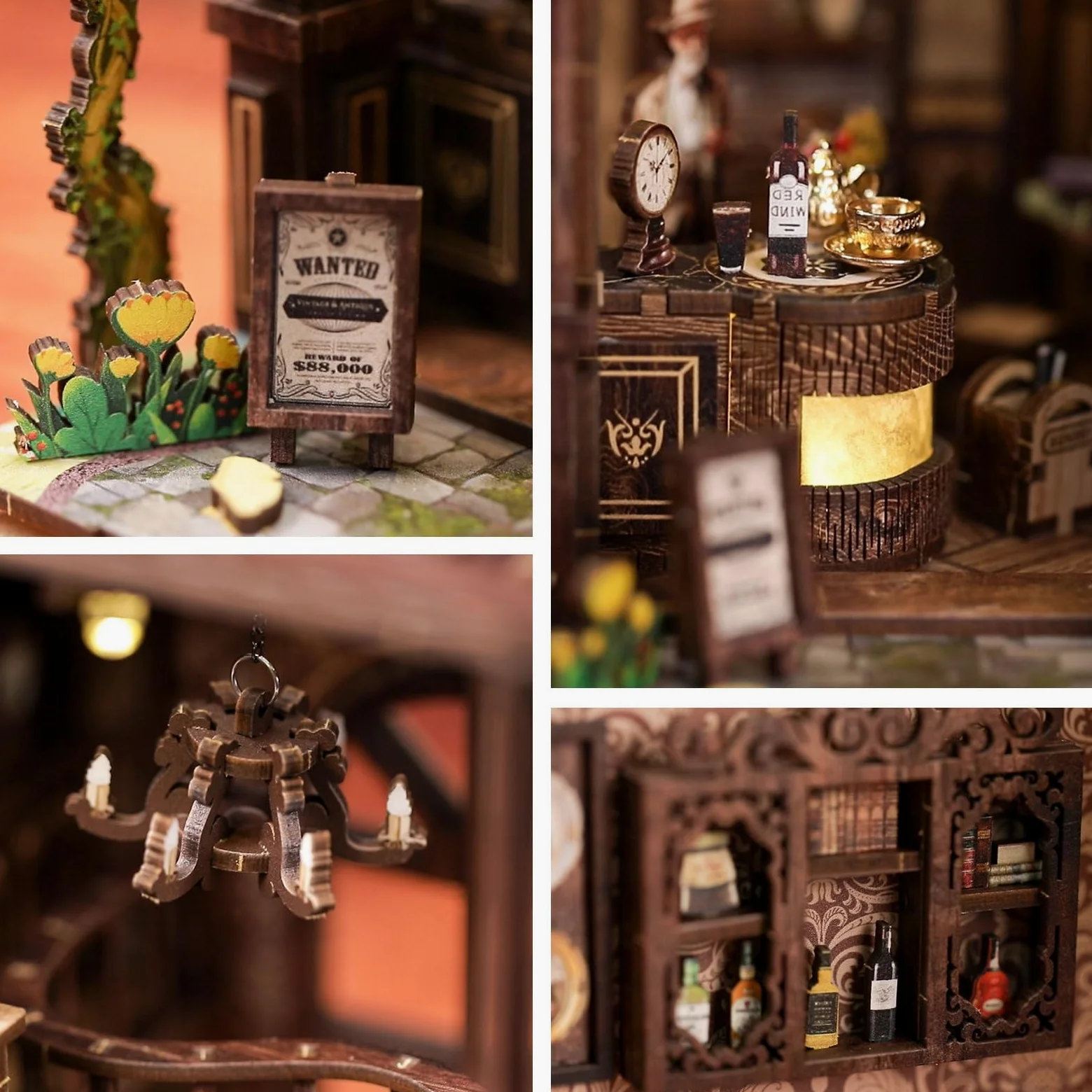 Clover&Clover Kit de rincón de libros con luces LED, casa de muñecas en miniatura para bricolaje, inserto de estantería de madera, rompecabezas de madera 3D, regalo para los amantes de los libros
