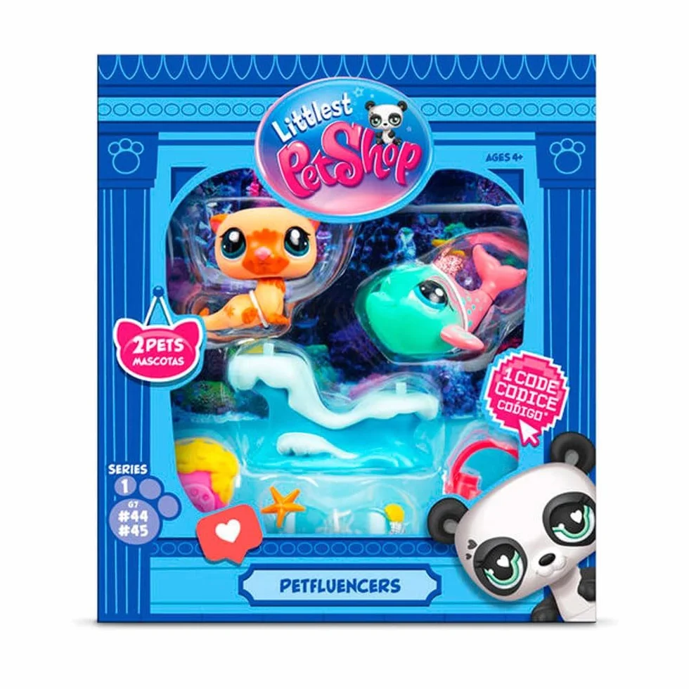 BANDAI Littlest Pet Shop Pack PETFLUENCERS DIVERSIÓN Selfie BF00563 Incluye 2 Mascotas, 4 Accesorios, 1 Fondo, 1 Tarjeta de coleccionista, 1 código Virtual, Generación 7, Mascotas #46 y #47, 4 años+