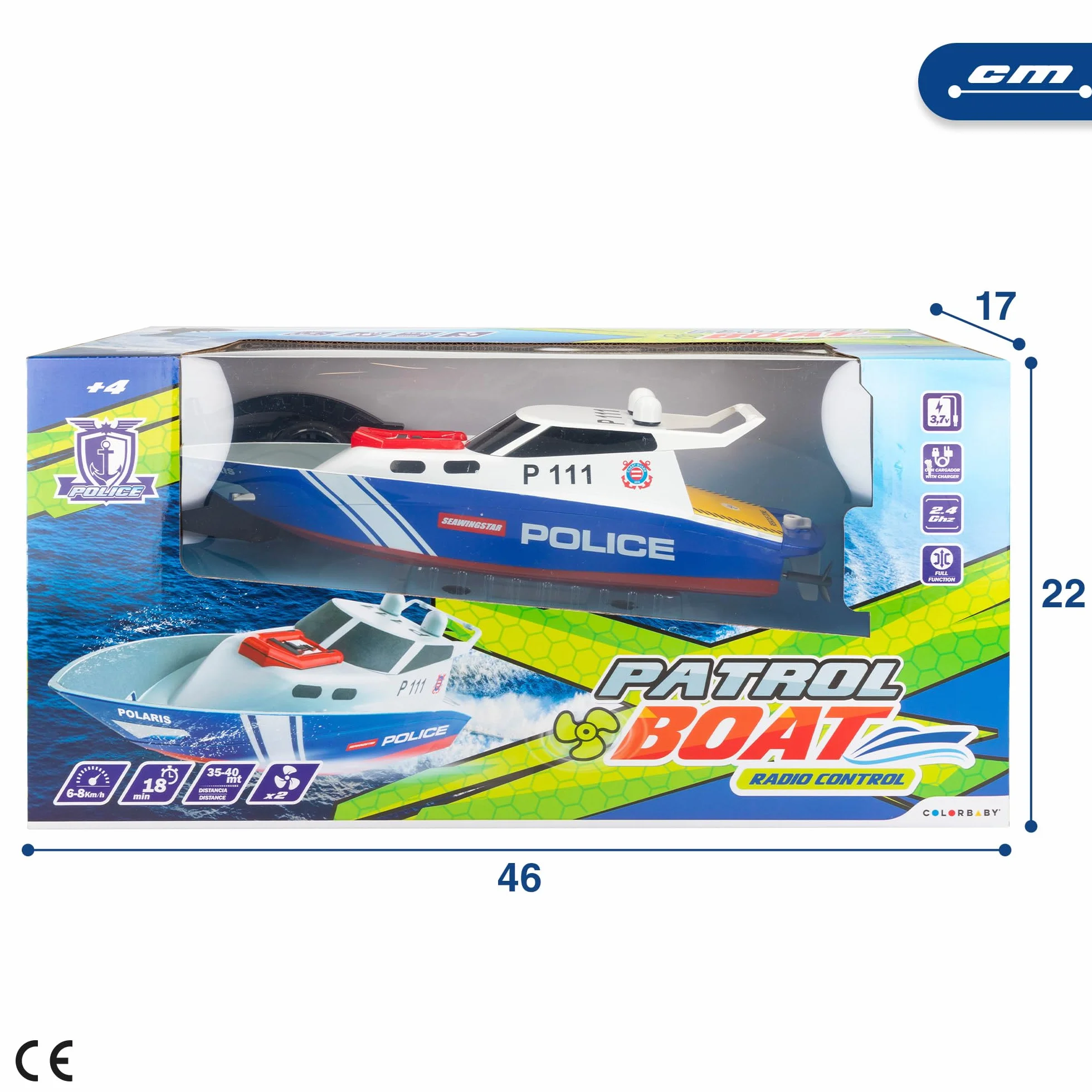 ColorBaby 47674 Racing Boat Lancha radiocontrol policía, 36x10x10 cm, Mando Control Remoto, 6 direcciones, 2.4 GHz, Alcance 35-40 m, Barco RC, Juguetes radiocontrol, Juguetes para niños, +4 años