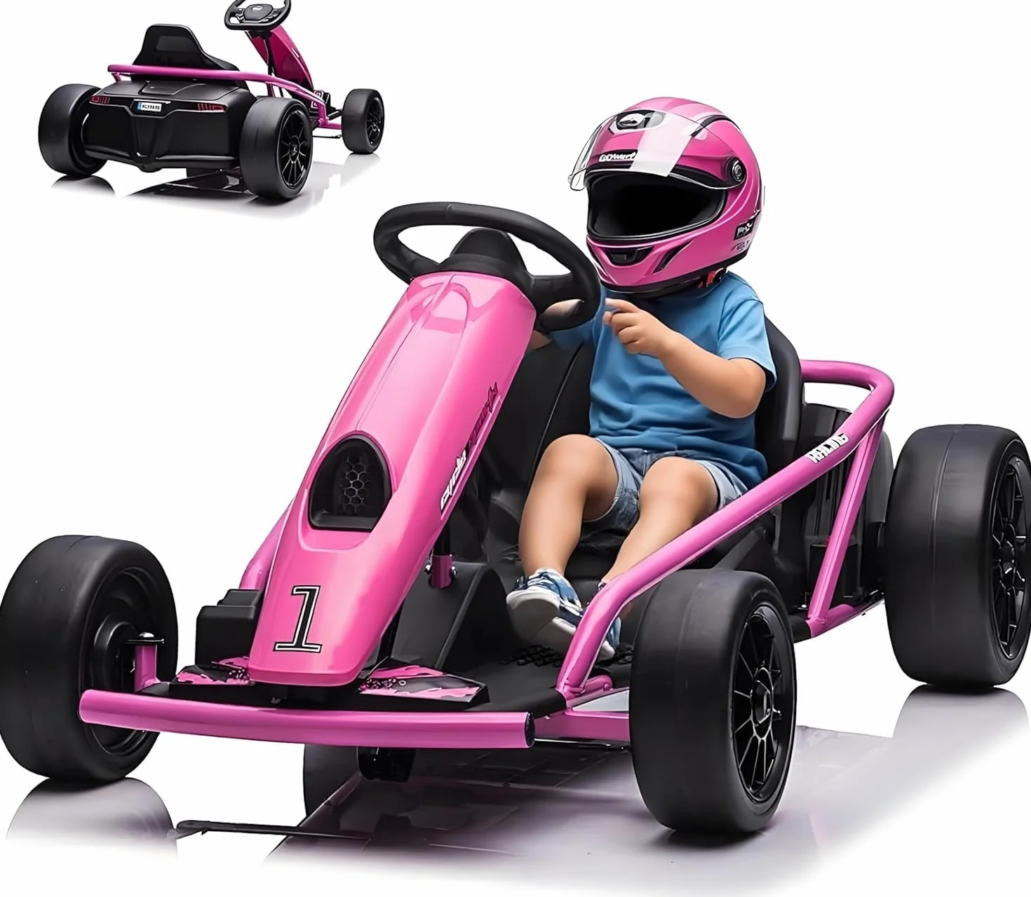 24V Go Kart Eléctrico de Derrape, Go Kart a Pedales para Niños con Motores Duales de 300W, Ruedas Delanteras: EVA; Ruedas Traseras: Nylon Drift, Máxima 13km/h, Estructura Metálica, Música y Altavoces