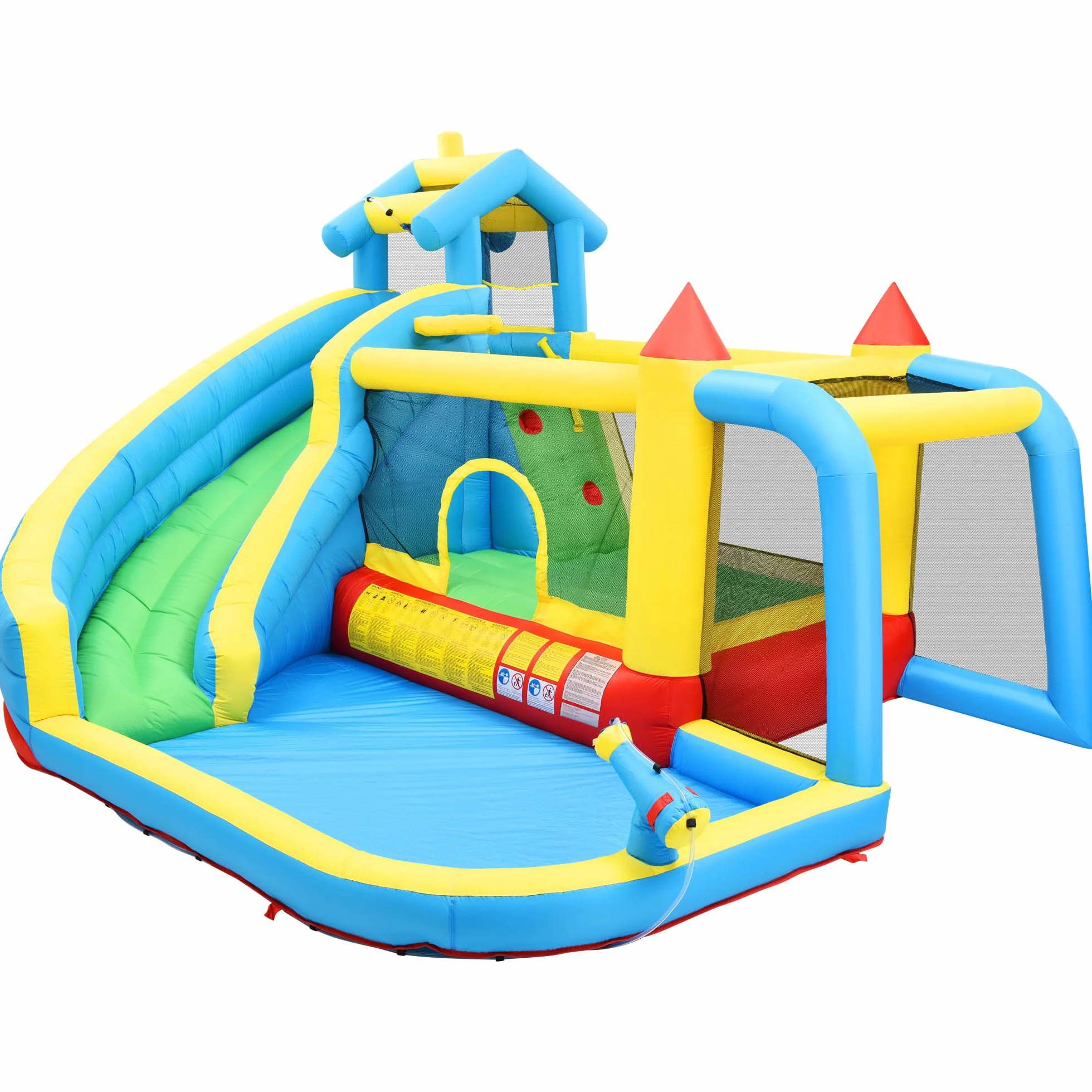Bouncy Castle para niños 5 en 1 con ventilador, parque acuático inflable con tobogán, plataforma de salto, piscina y red de fútbol, castillo hinchable al aire libre para jardín, tela Oxford