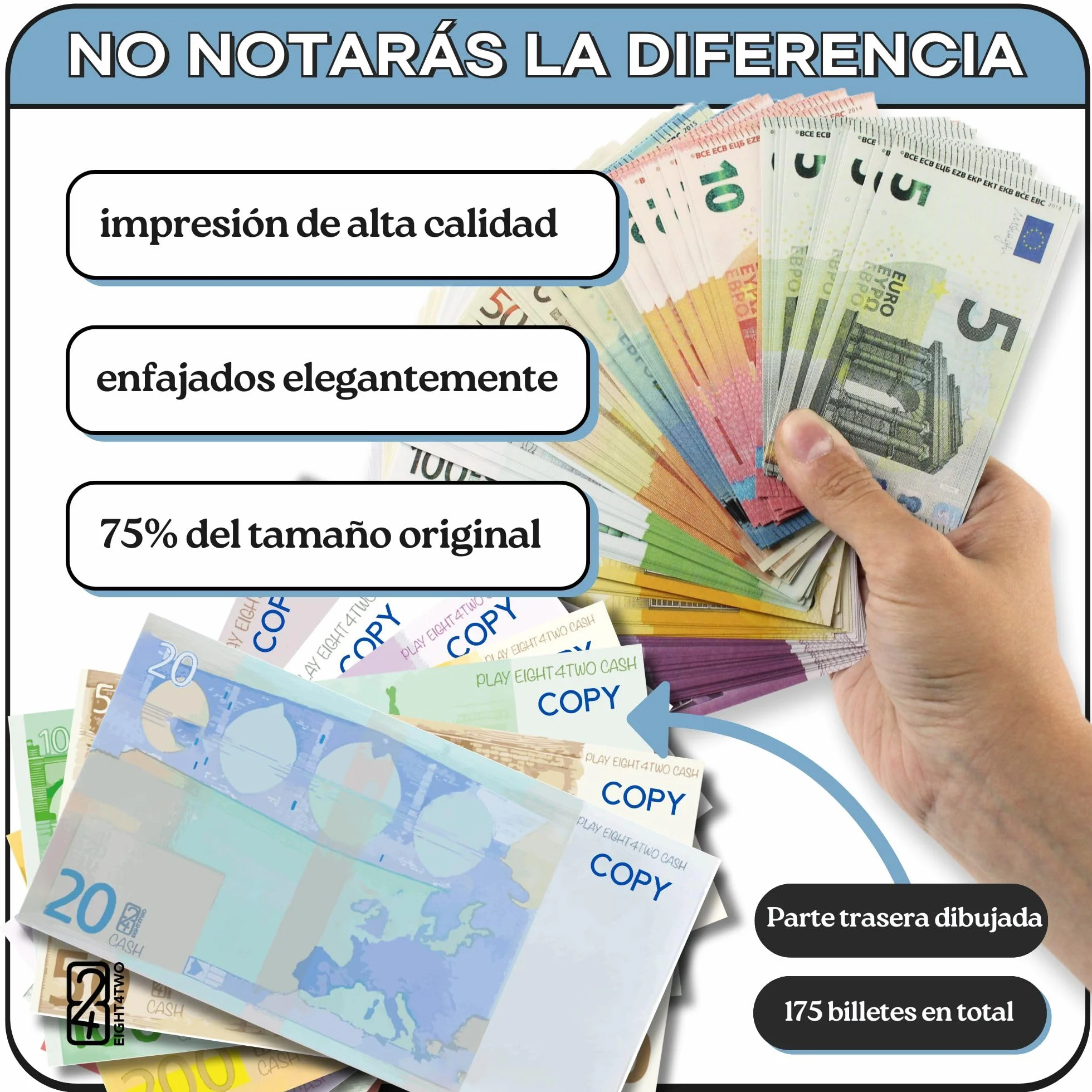EIGHT4TWO® 175 Piezas de Dinero Juguete - Billetes de 5, 10, 20, 50,100, 200, 500 con tamaño al 75% - (25x7).