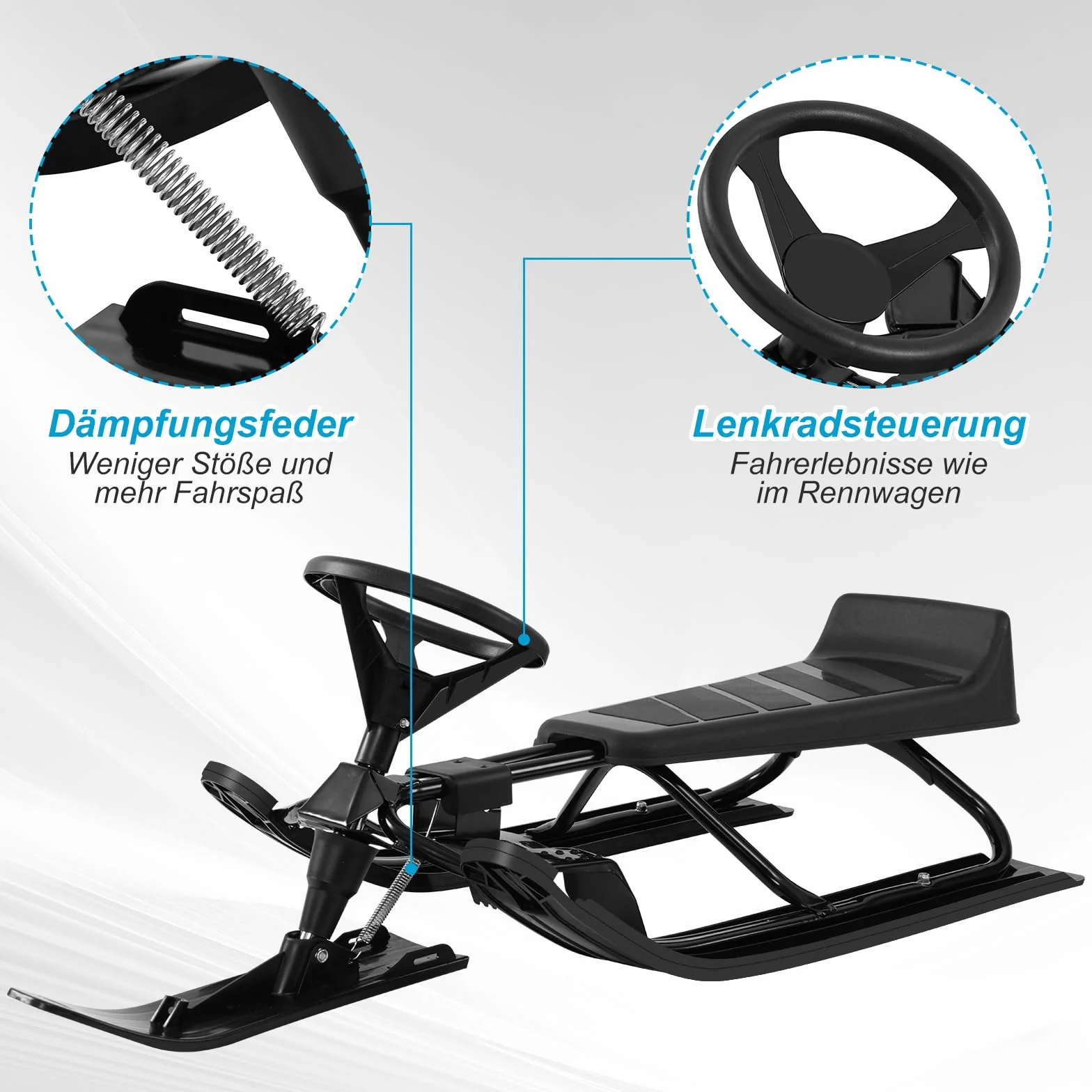 Laneetal Trineo de Dirección con Volante, Esquí Infantil con Asiento y Cuerda de Remolque, Estructura de Metal, Trineos para Niños y Jóvenes, Trineo de Patín con Resorte de Suspensión, Freno de Pie