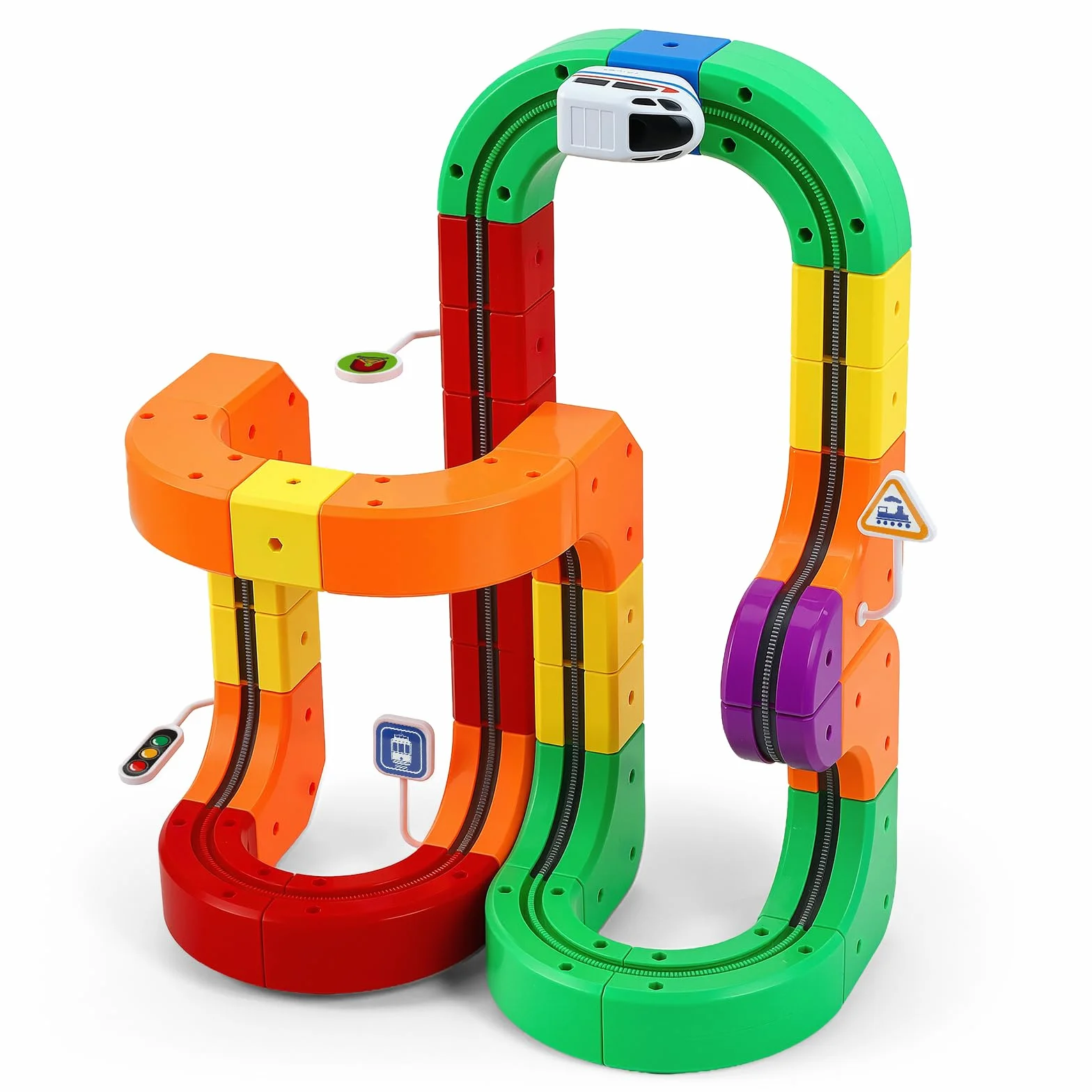 51 Piezas Juego de Trenes de Cubos mágicos, Juego de Trenes eléctricos, diseños 3D Integrados, Pista de Carreras Flexible, Juguete de construcción de automóviles motorizados