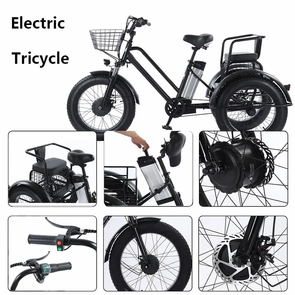Triciclo Eléctrico para Adultos,con Neumáticos Anchos Todoterreno 20" X 4.0,Cesta De La Compra Y Asiento Trasero,Batería Extraíble 48v/12ah,Carga 200Kg,Ideal para IR Compras