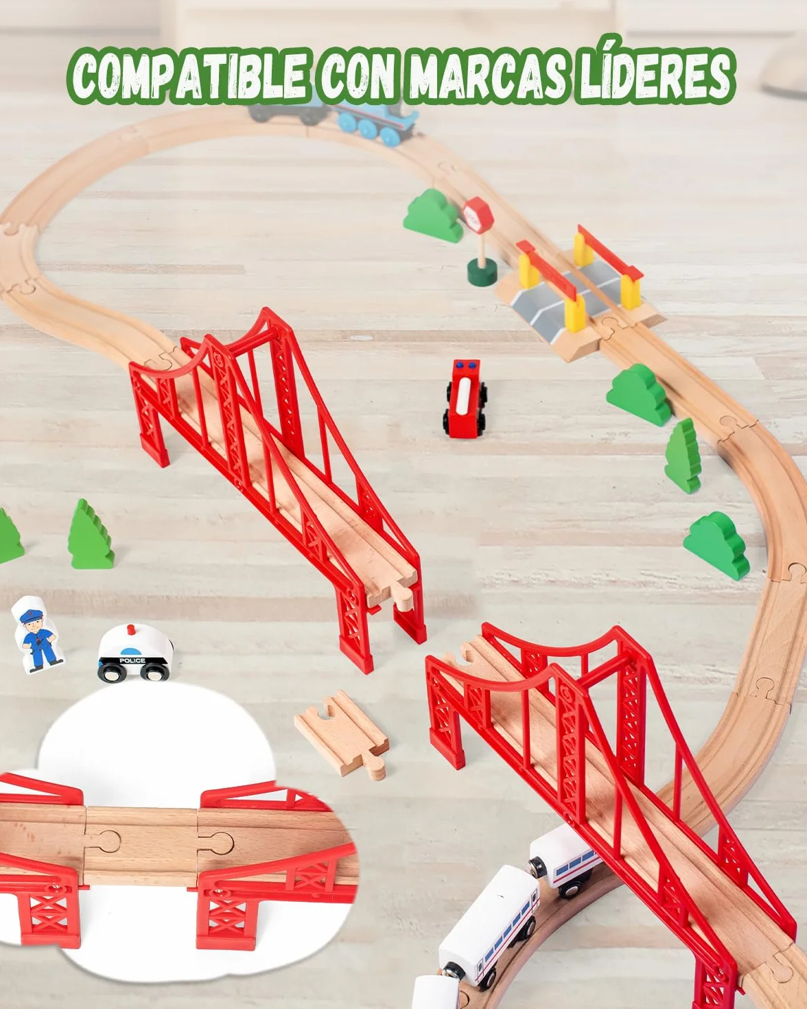 Tren Madera Tren Juguete Accesorios Accesorios para Vías de Ferrocarril Tren de Doble Puente Colgante Trenes de Juguetes para Niños 3-5 Años